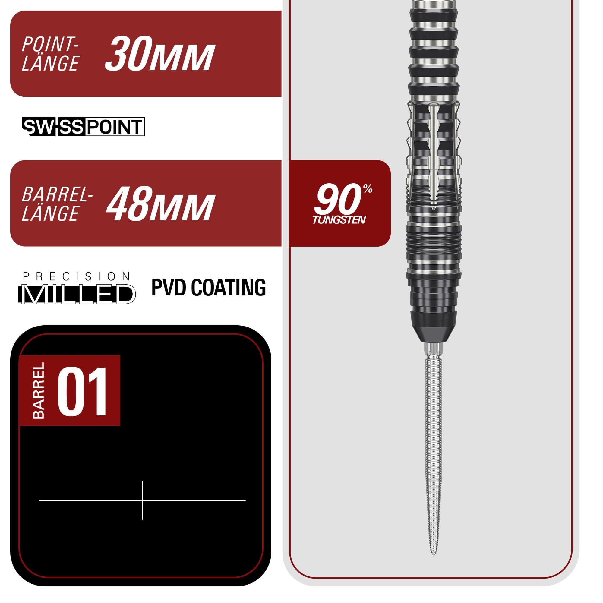 Das Bild zeigt die Target Japan Black Marque Blaze Swiss Point Steeldarts - 23g. Schwarze Steeldarts mit moderner Optik und hoher Qualität.