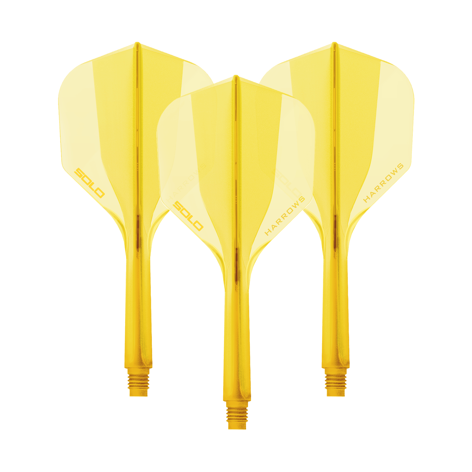 Sistema de eje de vuelo Harrows Solo No6 - Amarillo Ein Harrows Solo No6 Flight Shaft System in Gelb mit einer Länge von 27mm. Das Bild zeigt ein Set Dart Shafts in gelber Farbe.