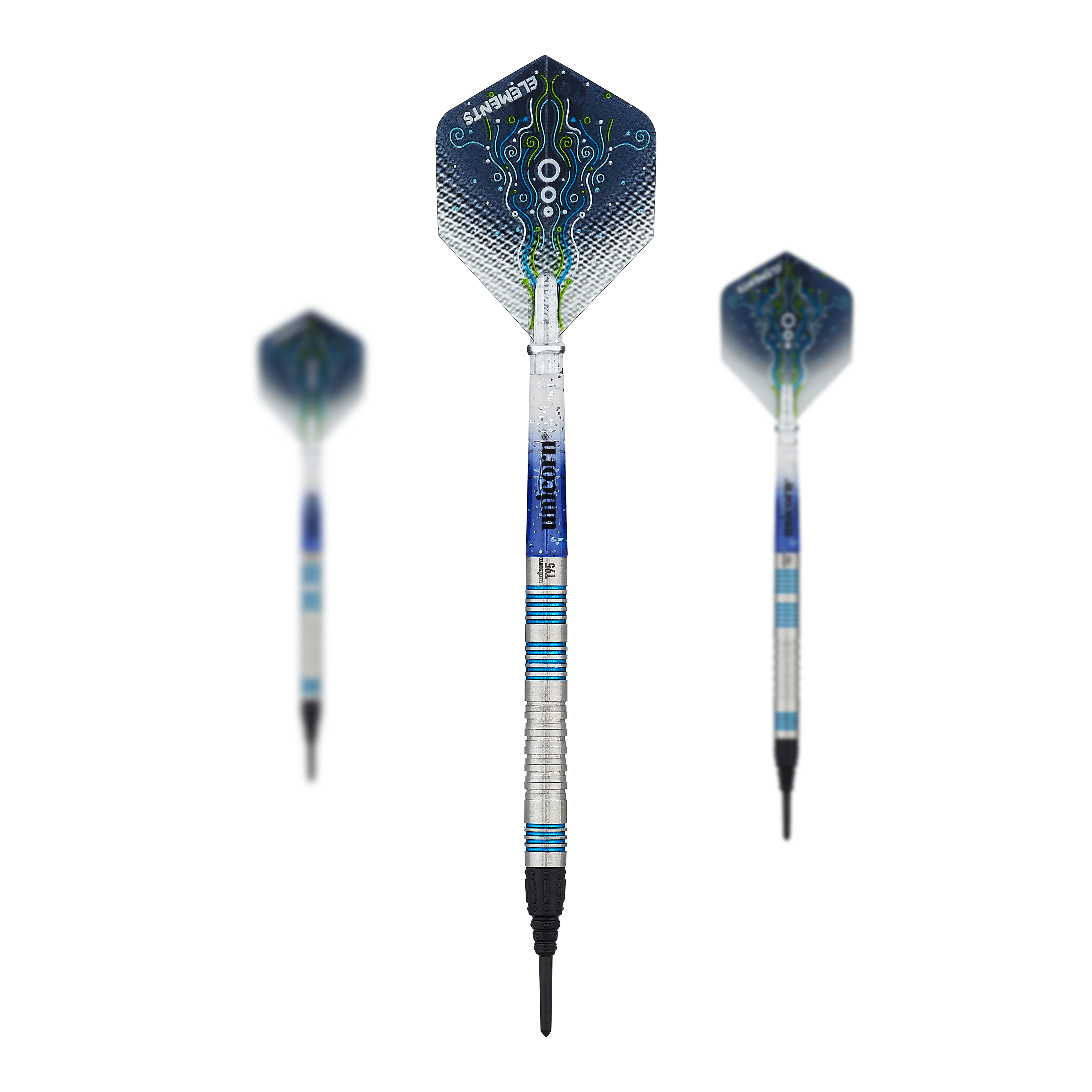 Dardos blandos Unicorn T95 Core XL azules Das Bild zeigt drei Softdarts des Modells "Unicorn T95 Core XL Blue". Die Darts haben silberne Schäfte mit blauen Akzenten und blaue Flights mit einem abstrakten Muster.