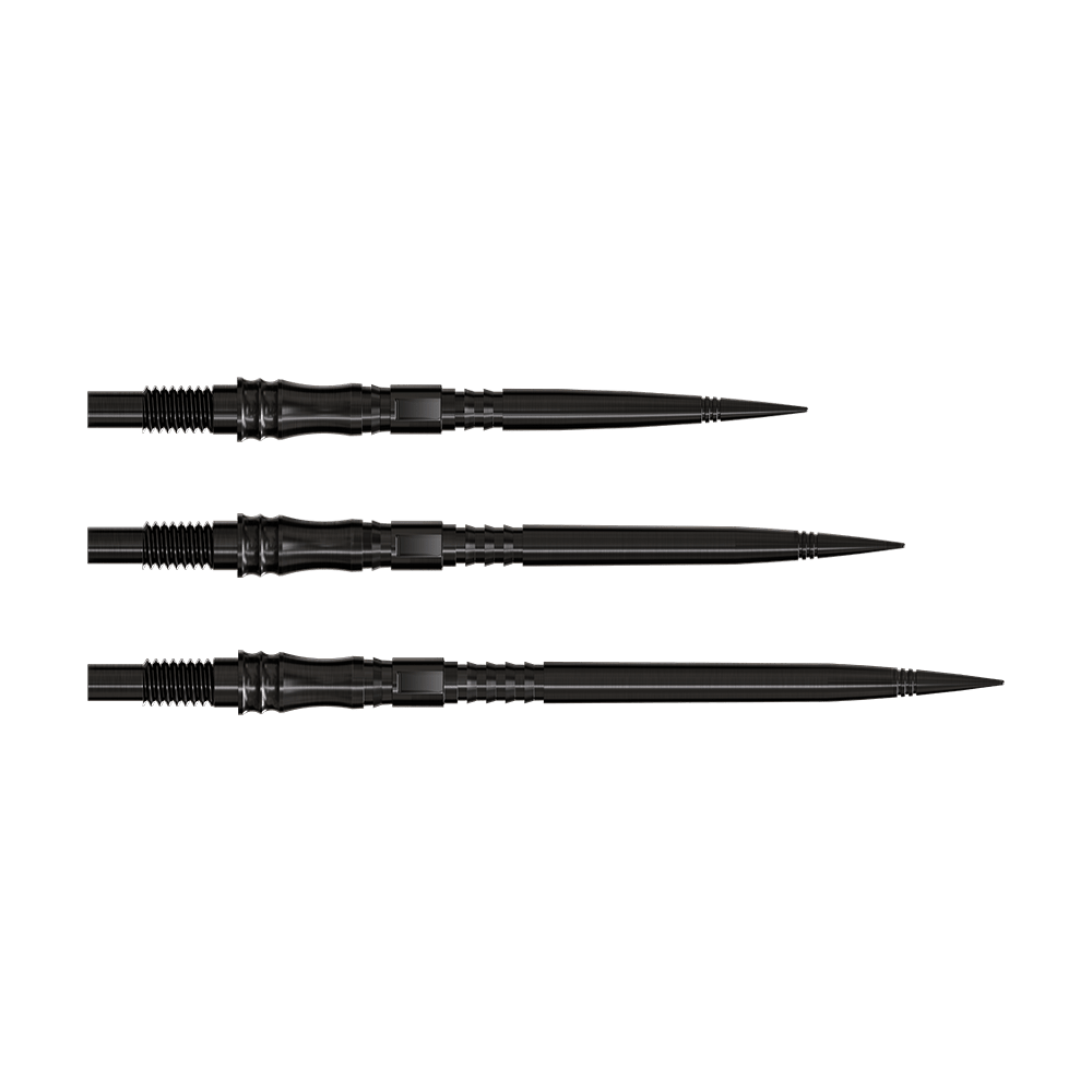 Harrows Quick Point Apex Axis Elite Series Dartspitzen - Schwarz Dartspitzen der Apex Axis Black Elite Serie werden gezeigt. Die Spitzen sind dunkel und fein gefertigt.