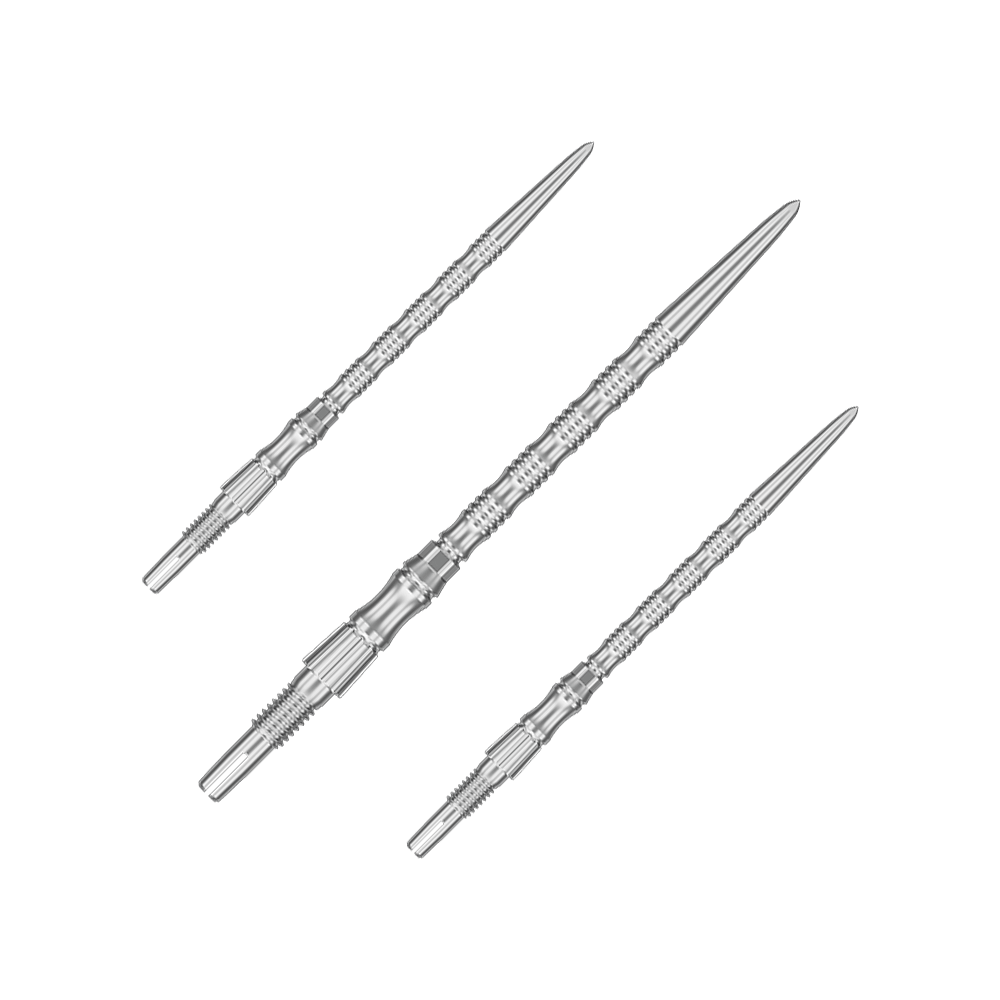 Puntas de dardo de acero Target Signature Swiss Point TRB - plateadas Das Bild zeigt ein Set silberner Dartspitzen mit einer Länge von 42 mm. Es handelt sich um Target SwissPoint Signature TRB Dartspitzen.