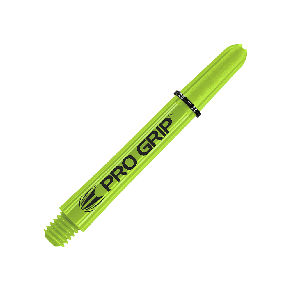 Varillas Target Pro Grip - 3 juegos - Verde lima Das Bild zeigt einen limegrünen Dart-Schaft mit der Aufschrift "PRO GRIP". Der Hintergrund ist passend in derselben Farbe gestaltet.