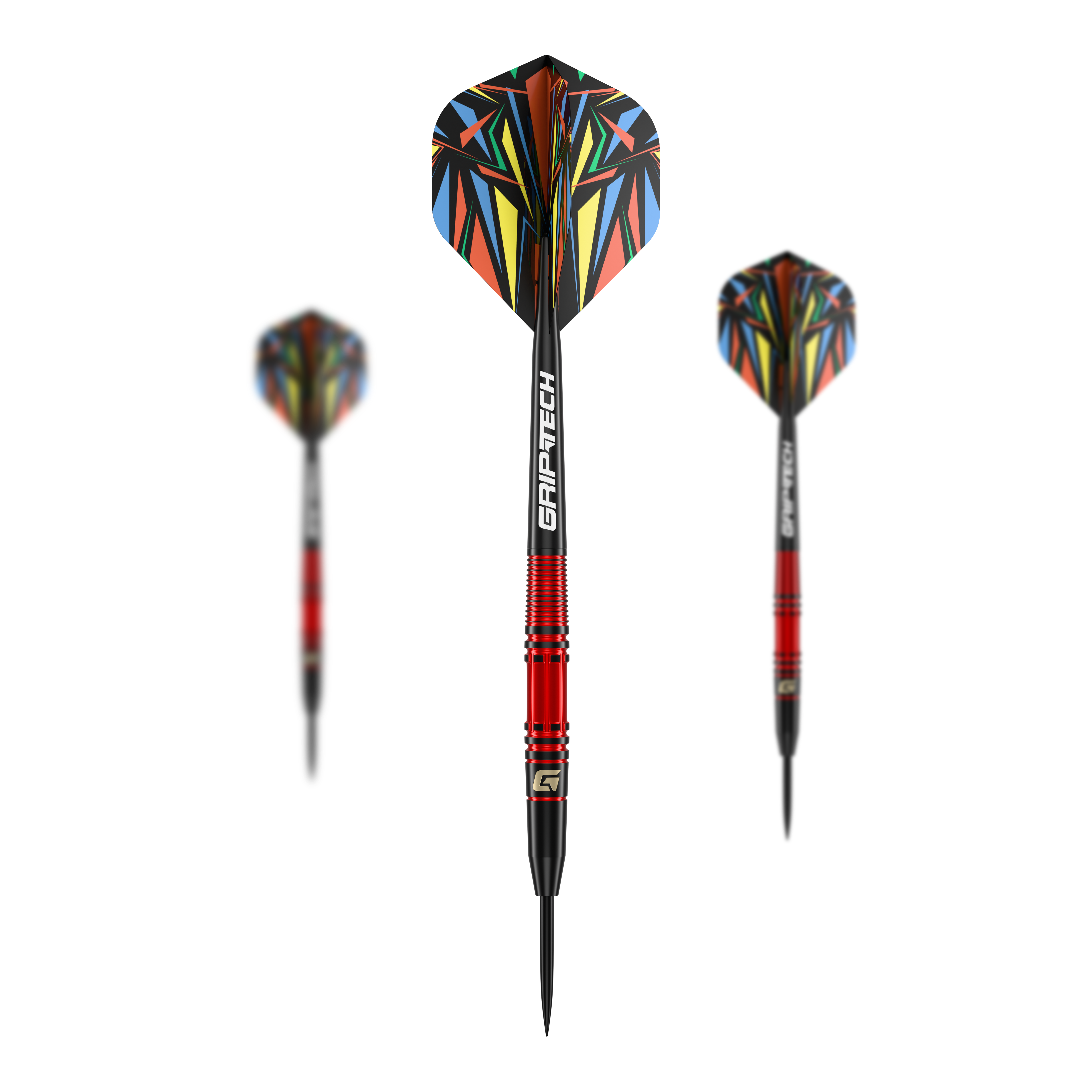 Dardos de acero GOAT Athlete de latón rojo - 11 g Das Bild zeigt den GOAT Athlete Red Brass Steeldart mit einem Gewicht von 11g. Der Dart hat eine auffällige, bunte Flugfeder und einen roten Messingkörper.