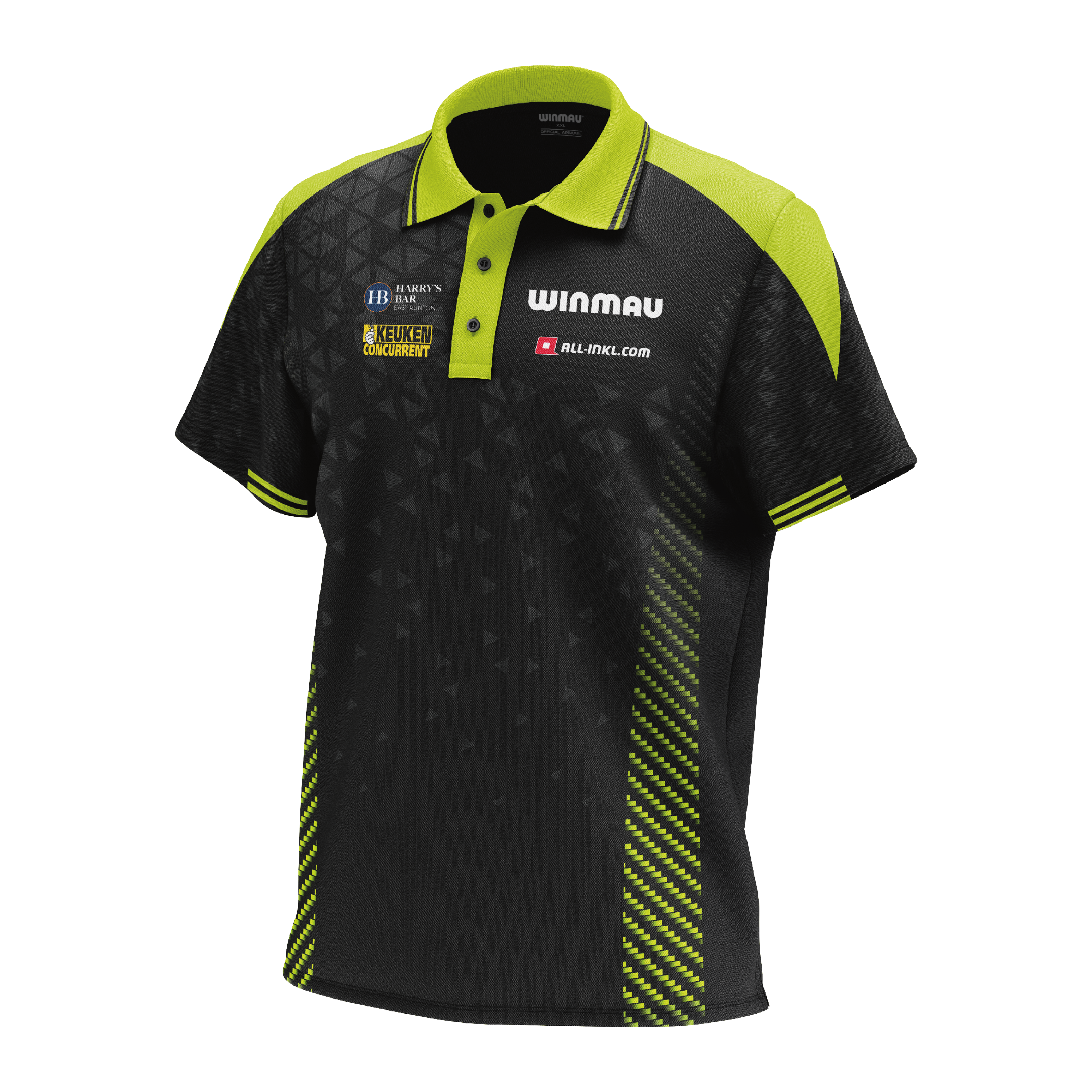Polo Winmau Michael Van Gerwen Stage Das Bild zeigt das Winmau Michael Van Gerwen Stage Poloshirt. Es handelt sich um ein offizielles Poloshirt für Fans von Michael Van Gerwen.
