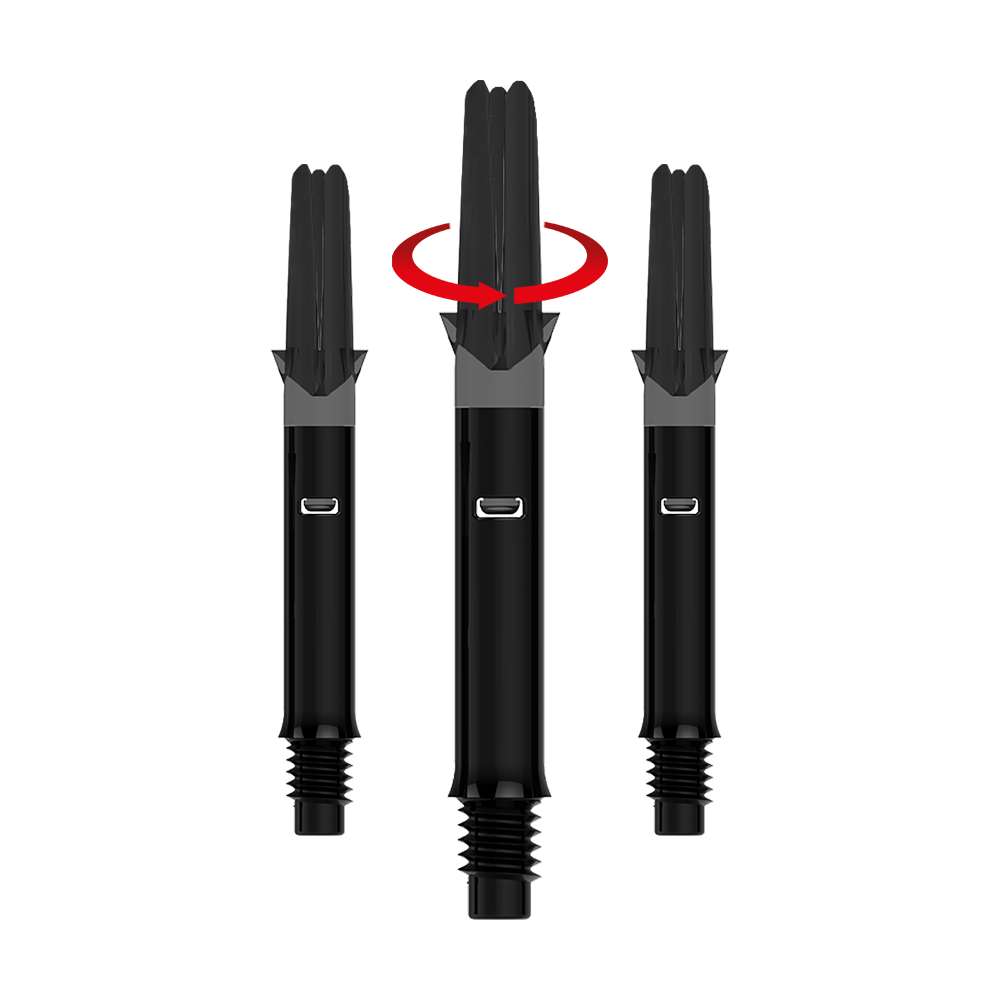 Ejes L-Style silenciosos rectos - Negro Das Bild zeigt drei schwarze Dartshafts ohne Kappen. Über dem mittleren Shaft befindet sich ein roter Pfeil, der eine Drehbewegung anzeigt.