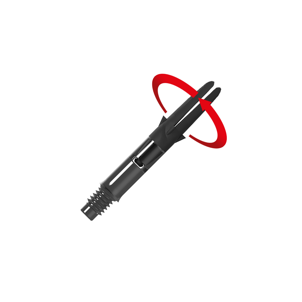 Flecha recta silenciosa de carbono estilo L - Negro Das Bild zeigt einen schwarzen Dart-Schaft aus Carbon. Ein roter Pfeil deutet eine Drehbewegung auf den oberen Teil des Schafts an.
