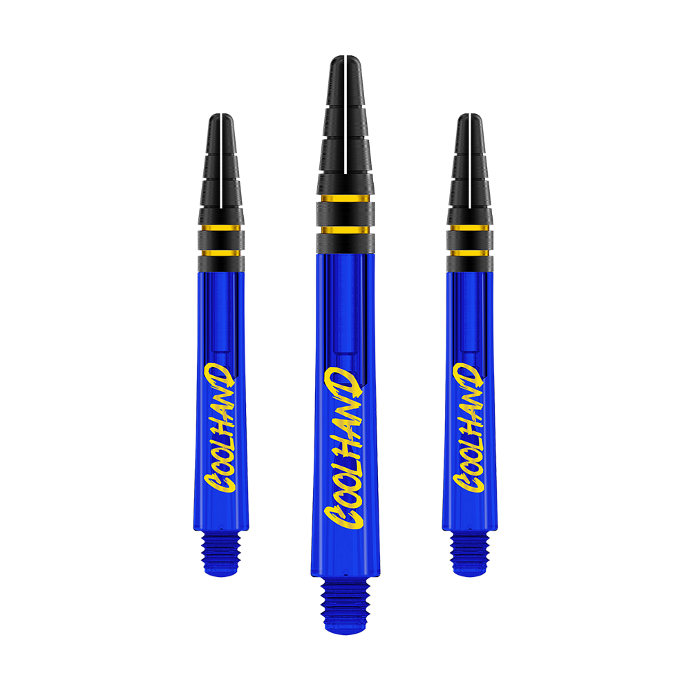 Flechas Red Dragon Nitrotech Luke Humphries Coolhand - Azul Auf dem Bild sind drei blaue Dartshafts mit der gelben Aufschrift „COOLHAND“ zu sehen. Die oberen Enden der Shafts sind schwarz mit goldenen Ringen verziert.