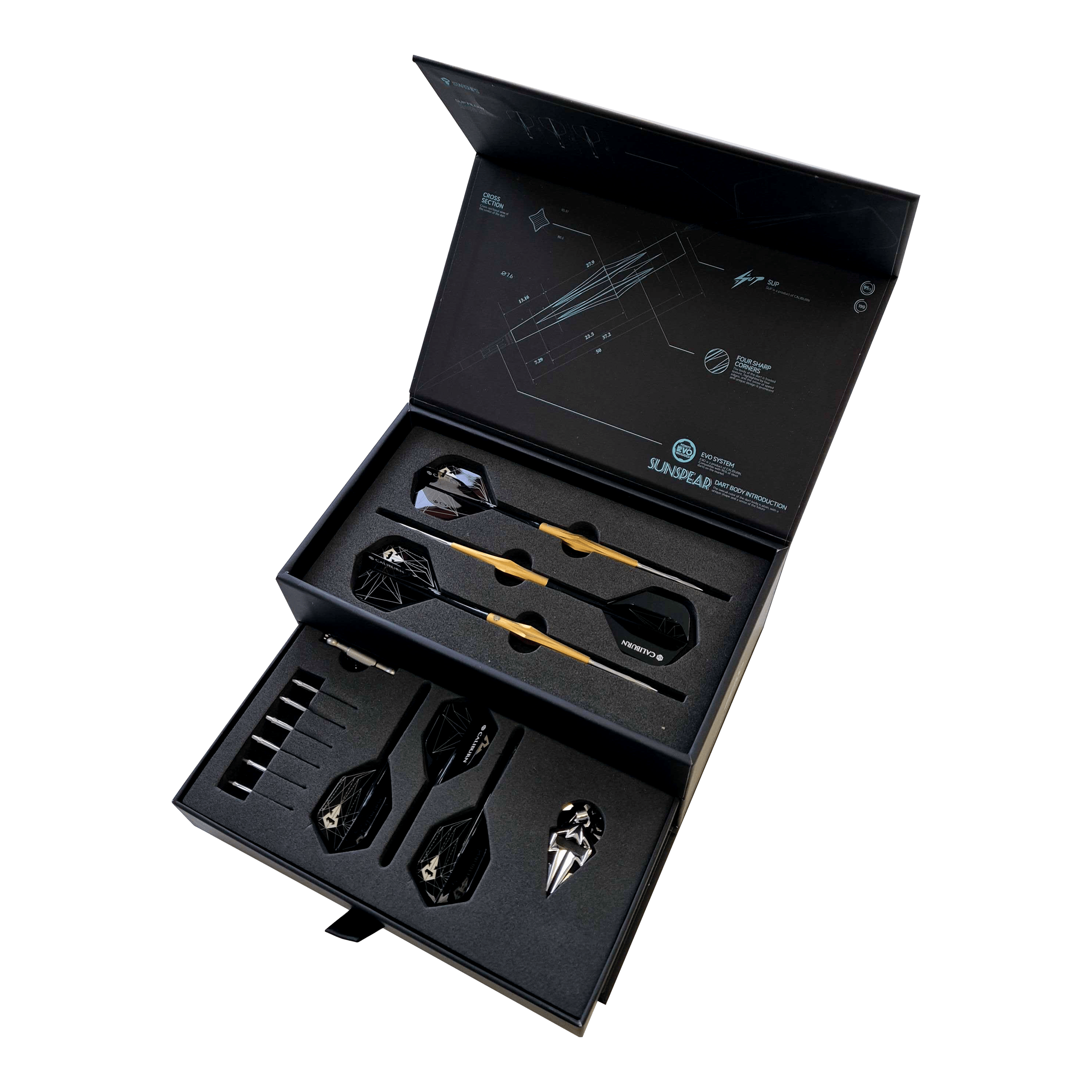 Dardos Caliburn Starships Series Sunspear de acero - 19 g Abgebildet ist Caliburn Starships Series Sunspear Steeldarts - 19g. Das Produkt zeigt einen Satz hochwertiger Steeldarts.