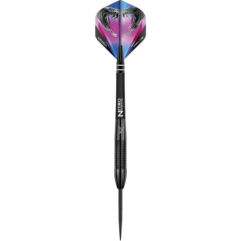RD1383-RedDragon-Peter-Wright-Snakebite-3-Black-Player-Darts-1HKKOkNC7ssAbS Das Bild zeigt einen schwarzen Steeldart mit der Aufschrift "NITRO TECH" auf dem Schaft. Auf dem Dartflight sind zwei Schlangenköpfe abgebildet.
