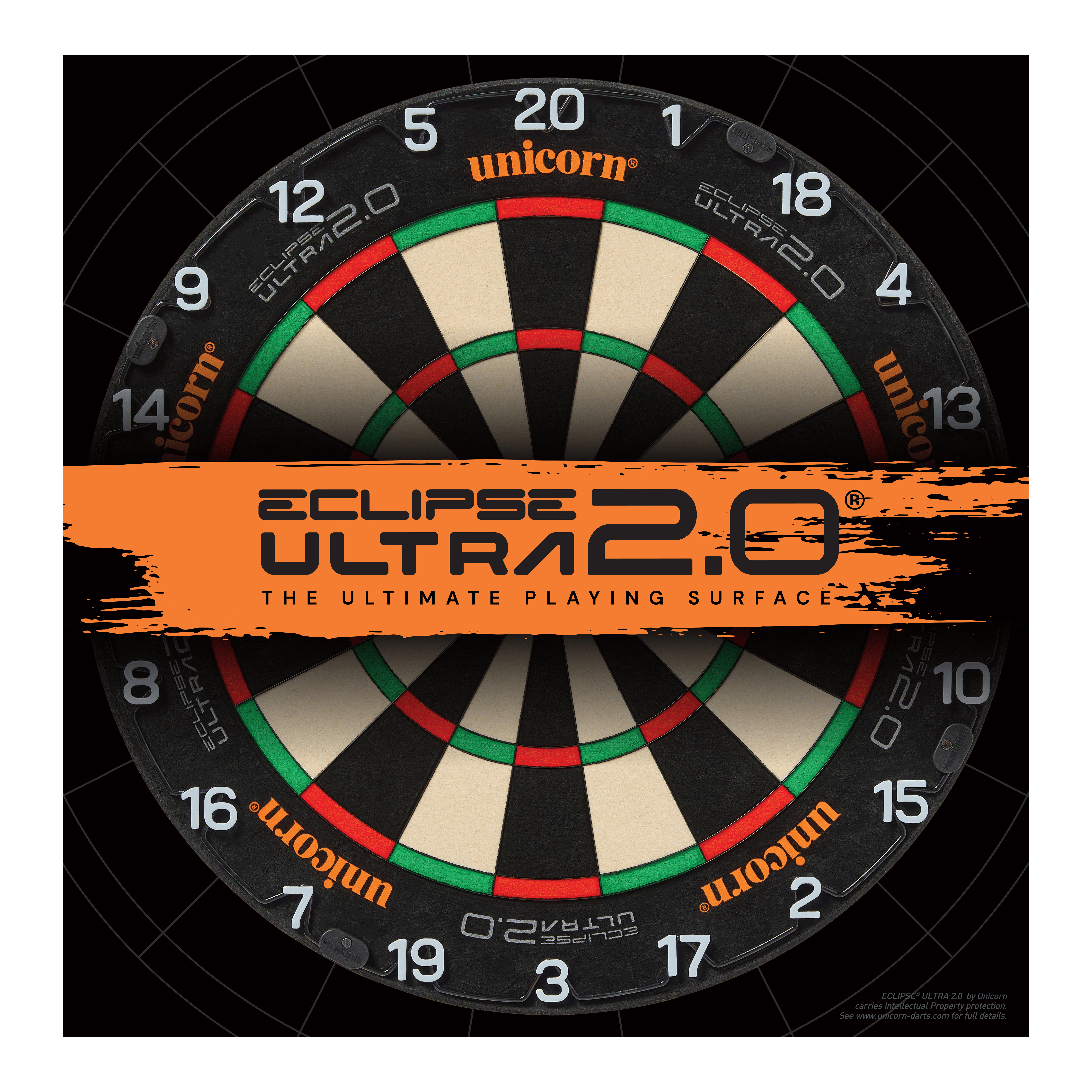 Diana de dardos de acero Unicorn Eclipse Ultra 2.0 Das Bild zeigt eine Unicorn Eclipse Ultra 2.0 Steeldartboard. In der Mitte ist ein orangefarbener Streifen mit dem Schriftzug "Eclipse Ultra 2.0 – The Ultimate Playing Surface".