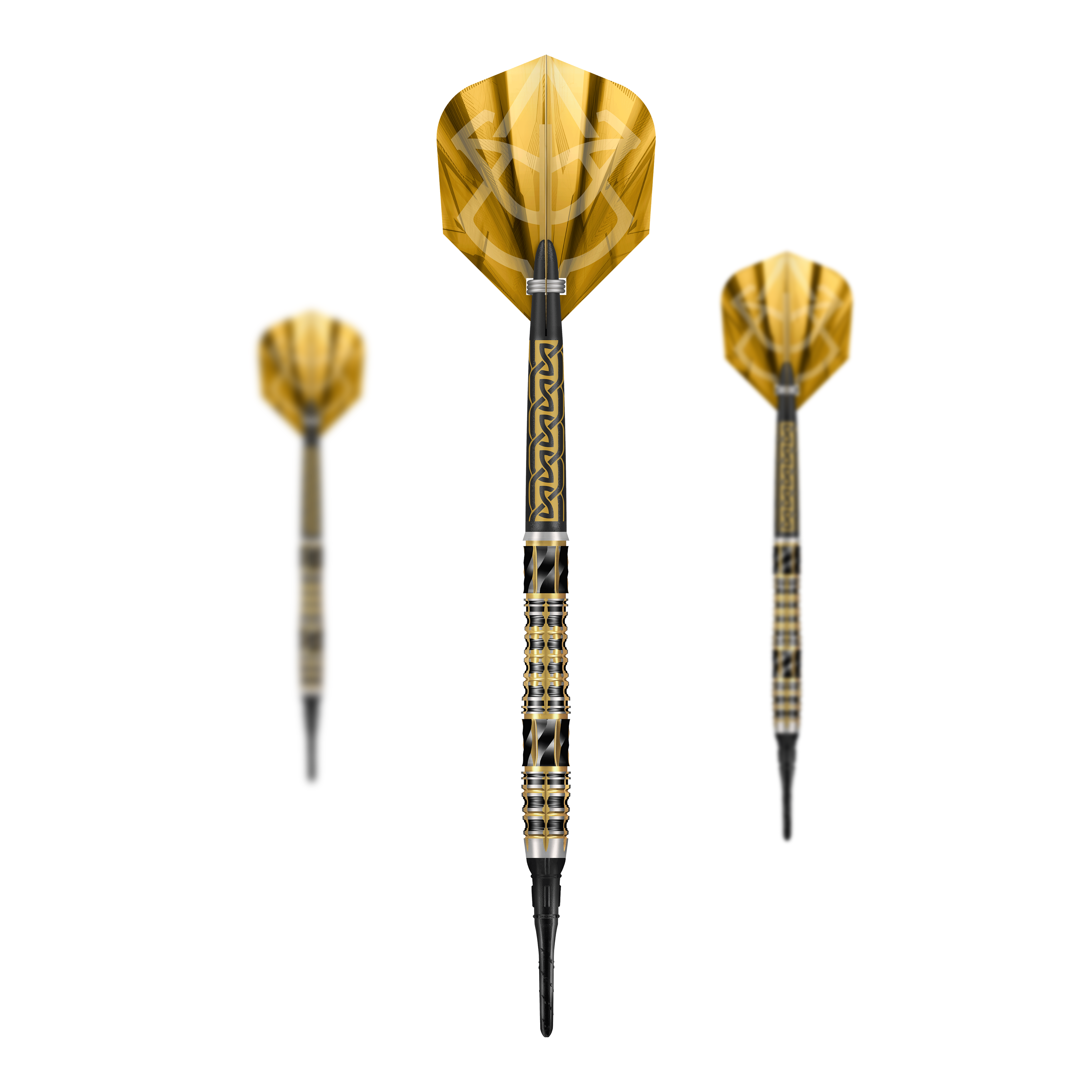 Dardos blandos Shot Alchemy Auro - 20 g Abgebildet sind die Shot Alchemy Auro Softdarts mit 20g Gewicht. Der Fokus liegt auf dem Design und der Verarbeitung der Softdarts.