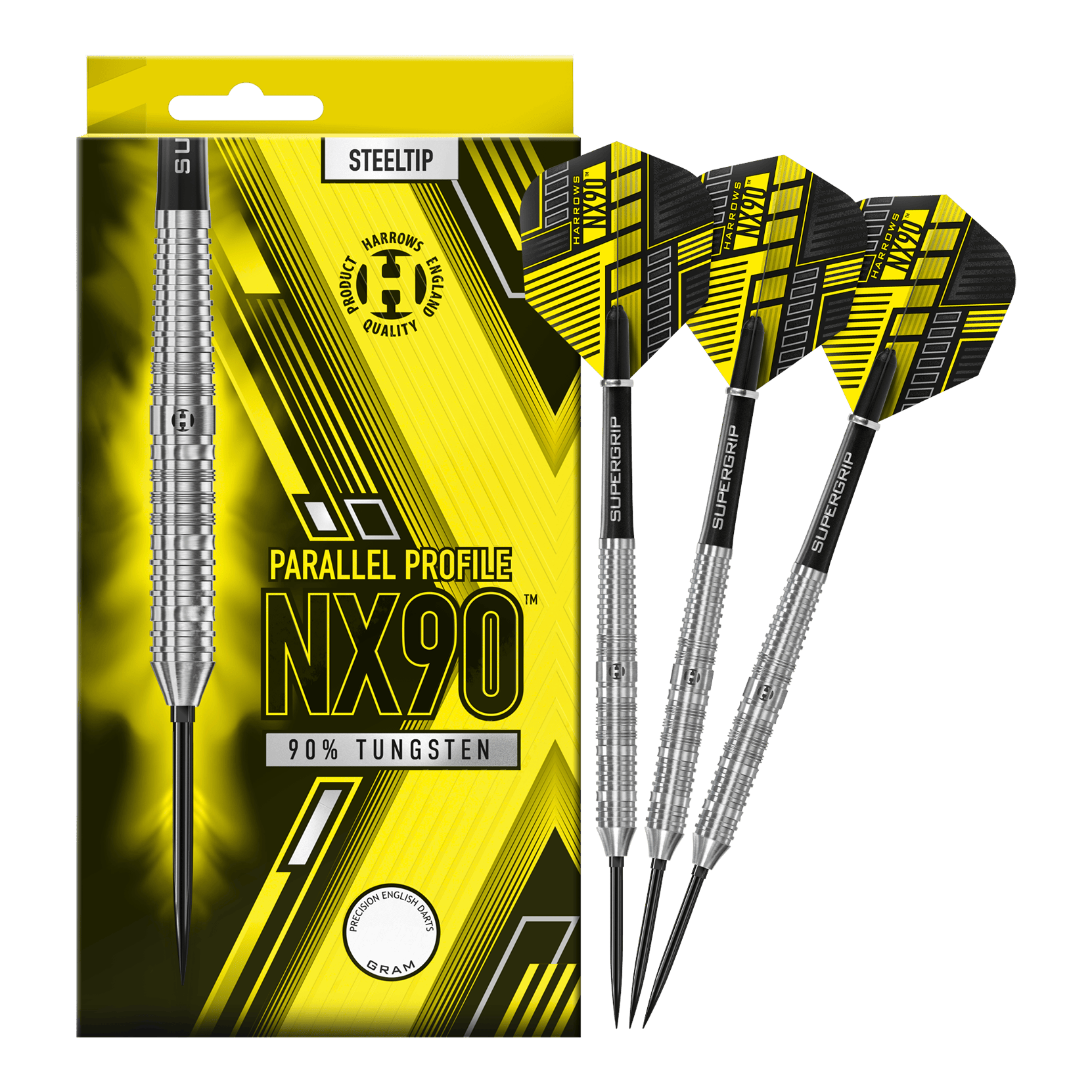 Dardos de acero de punta rápida paralela Harrows NX90 Abgebildet sind die Harrows NX90 Parallel Quick Point Steeldarts. Diese Darts sind bekannt für ihre Präzision und ihr paralleles Barrel.