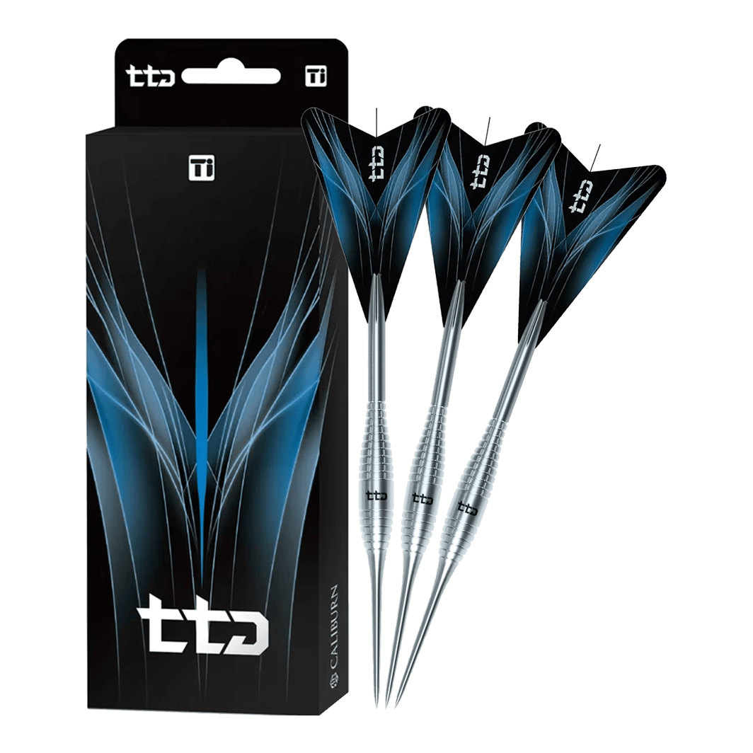 Dardos de acero Caliburn TTD Complete Titanium T2 Silver - 6 g Das Bild zeigt die vollständigen Caliburn TTD Complete Titanium T2 Silver Steeldarts mit 6g Gewicht. Detailliertes Titan-Design sorgt für ein hochwertiges Aussehen.