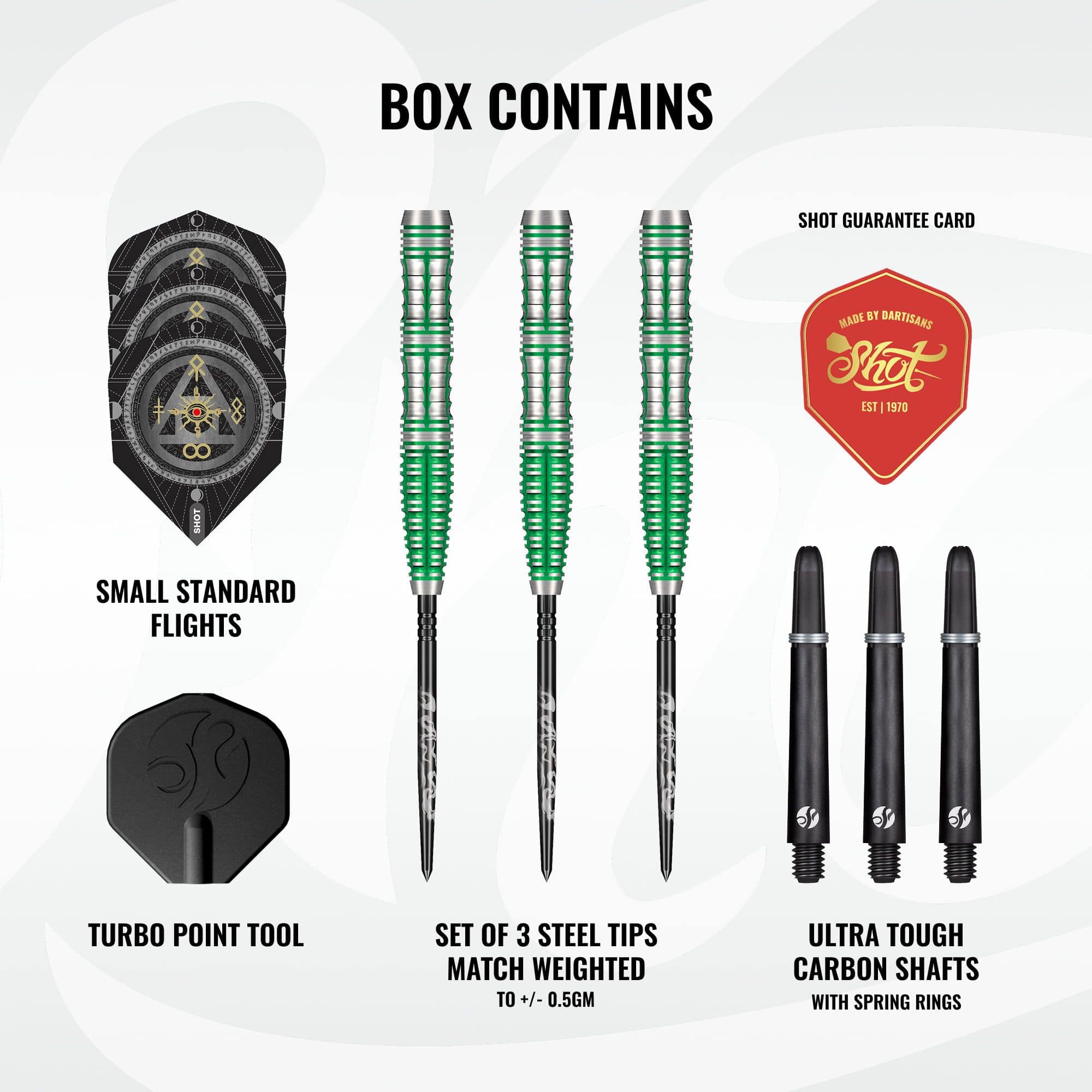 Das Bild zeigt ein Set Shot Alchemy Mythril TurboPoints Steeldarts. Die Darts sind dekorativ angeordnet.