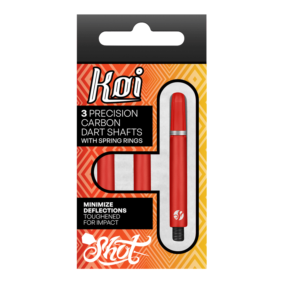 Flechas de carbono Shot Koi - Rojo Die Verpackung zeigt drei präzise Koi Carbon-Dartschäfte in Rot. Sie sind für minimale Ablenkung und hohe Schlagfestigkeit ausgelegt.