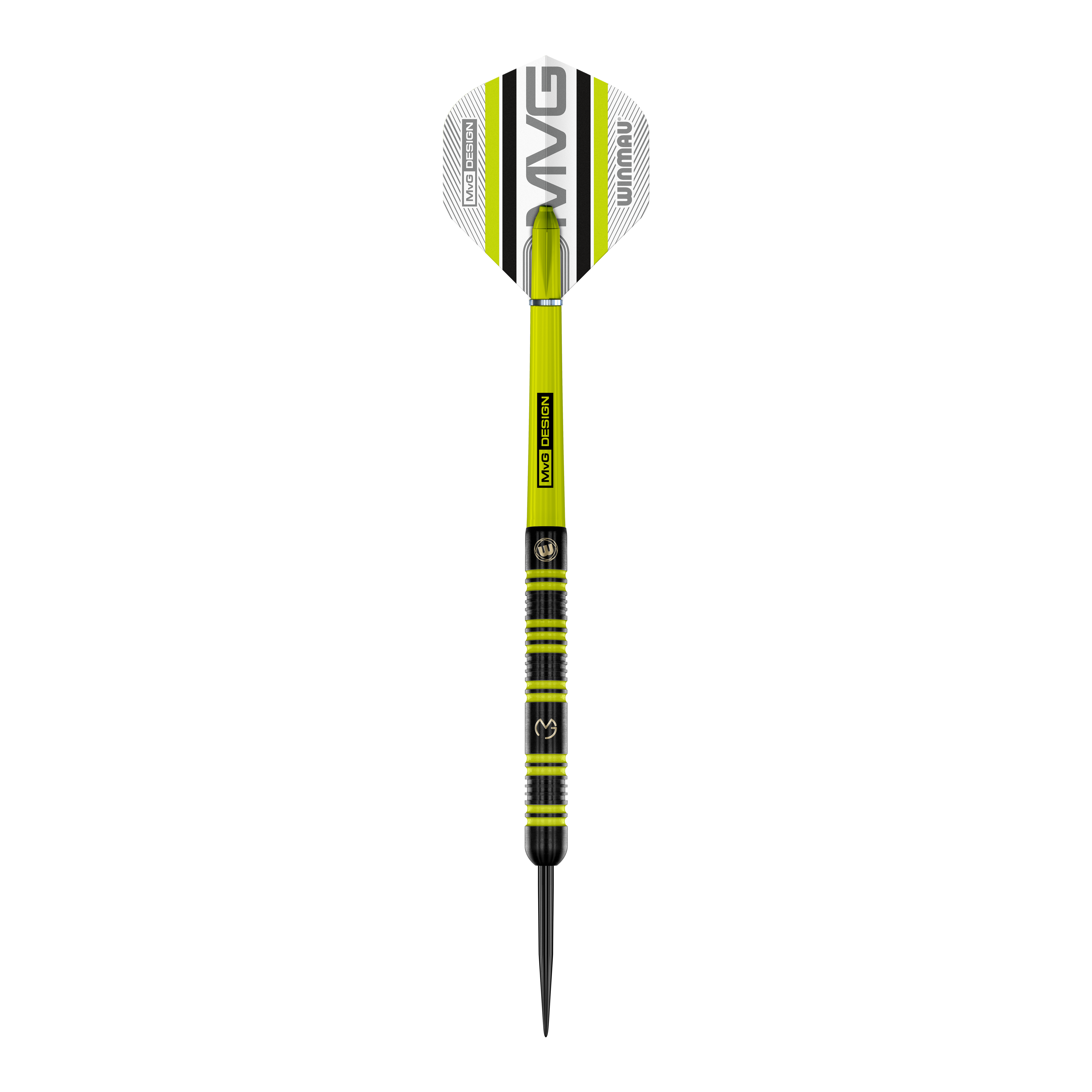 Dardos de acero Winmau Michael Van Gerwen 85 Pro-Series Auf dem Bild ist ein Winmau Michael Van Gerwen 85 Pro-Series Steeldart zu sehen. Der Dart hat ein modernes Design mit grünen und schwarzen Akzenten sowie der Aufschrift „MVG DESIGN“ auf dem Schaft.