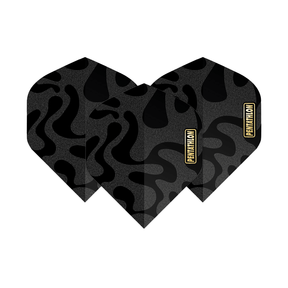 Vuelos de pentatlón RT Camo Das Bild zeigt drei Pentathlon RT Camo No2 Standard Flights für Darts. Sie haben ein schwarzes Camouflage-Muster und das Pentathlon-Logo in Gelb.