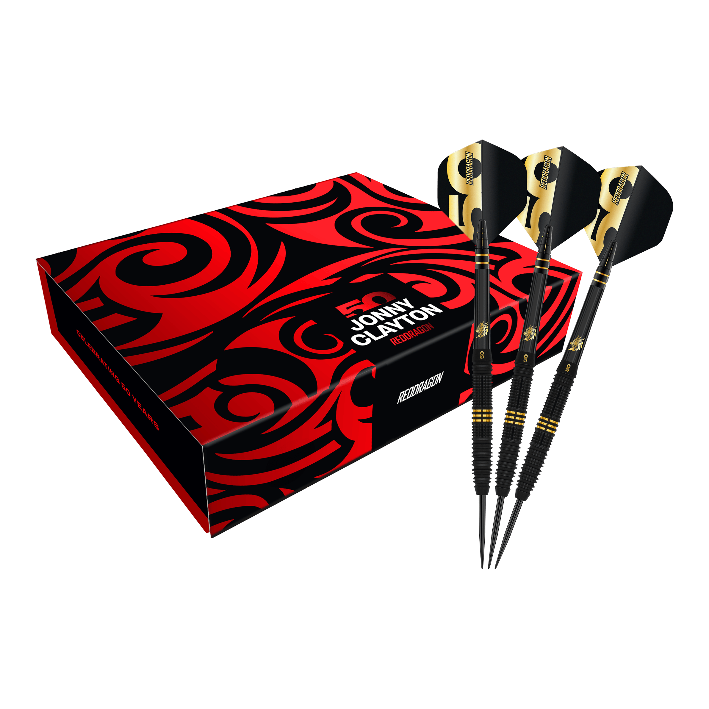 Dardos de acero Red Dragon Jonny Clayton 50 Años Jugador Edición Limitada - 22 g Hier sind die Red Dragon Jonny Clayton 50 Years Player Limited Edition Steeldarts zu sehen. Das Set feiert das 50-jährige Spielerjubiläum von Jonny Clayton.