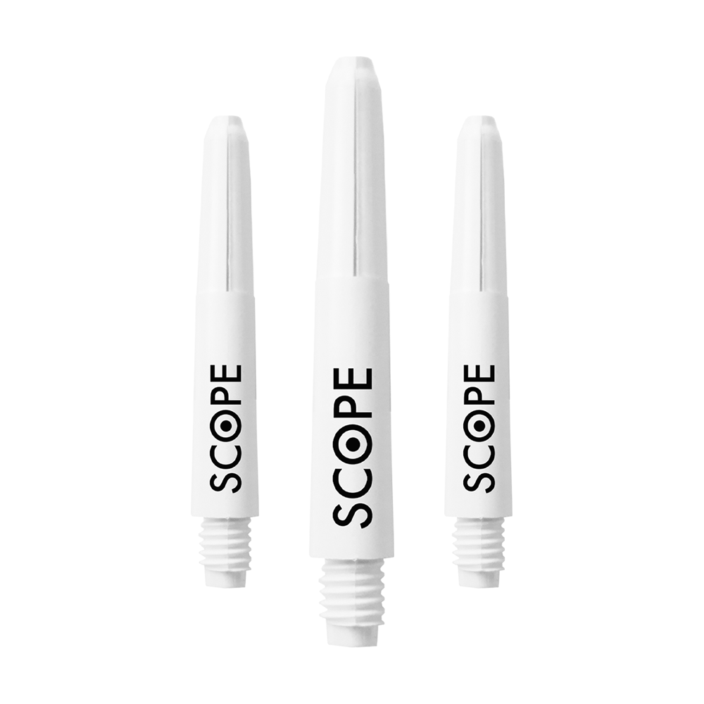 525_McDart_Scope_Nylon_Shafts_Weiss_34mm_1HeWcA1WKfD55D Das Bild zeigt drei weiße McDart Scope Nylon Shafts für Dartpfeile. Auf jedem Shaft steht das Wort "SCOPE" in schwarzer Schrift.