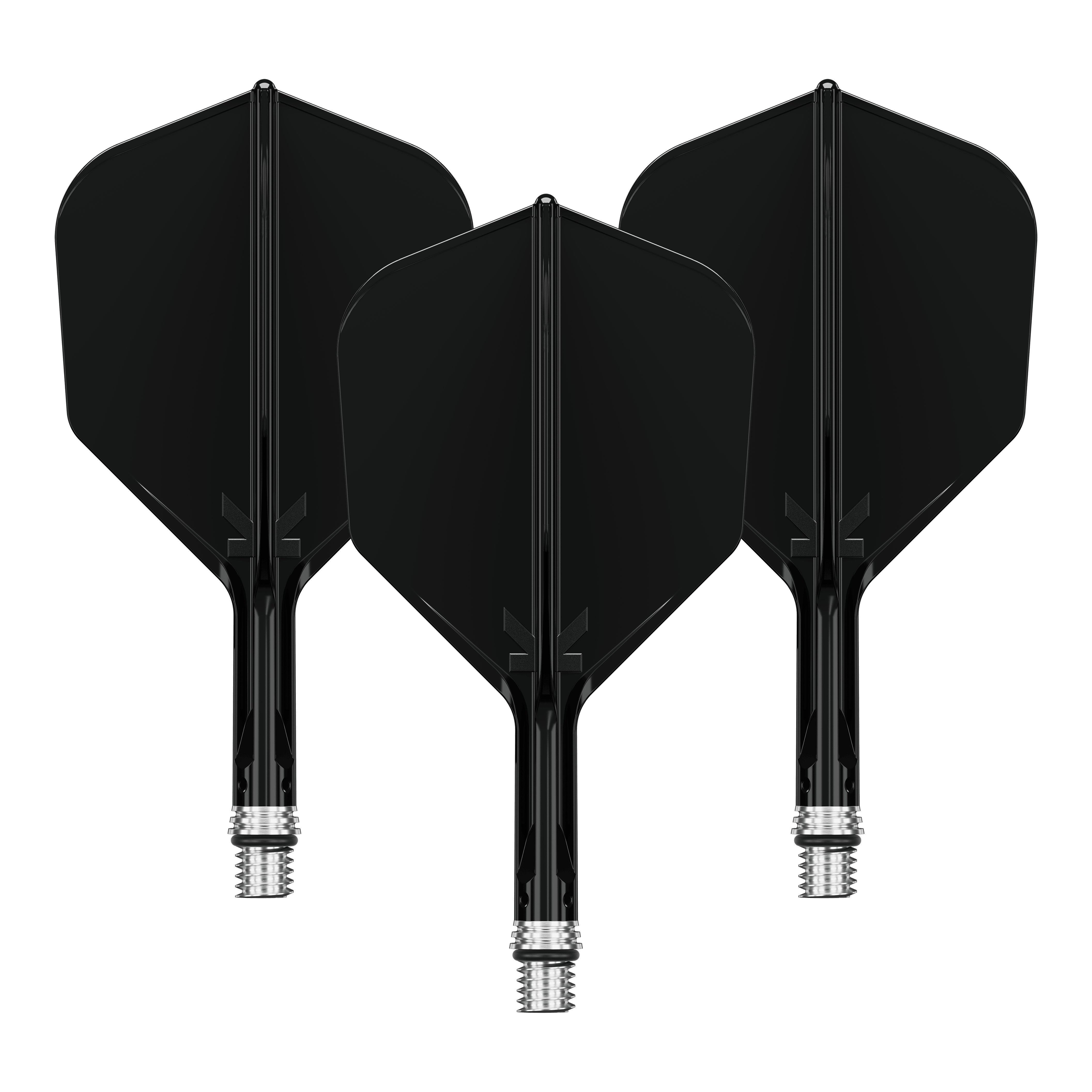 Das Bild zeigt ein Set schwarzer KShift No6 Flights mit 19mm Länge für Darts. Die Flights stammen von der Marke Target.