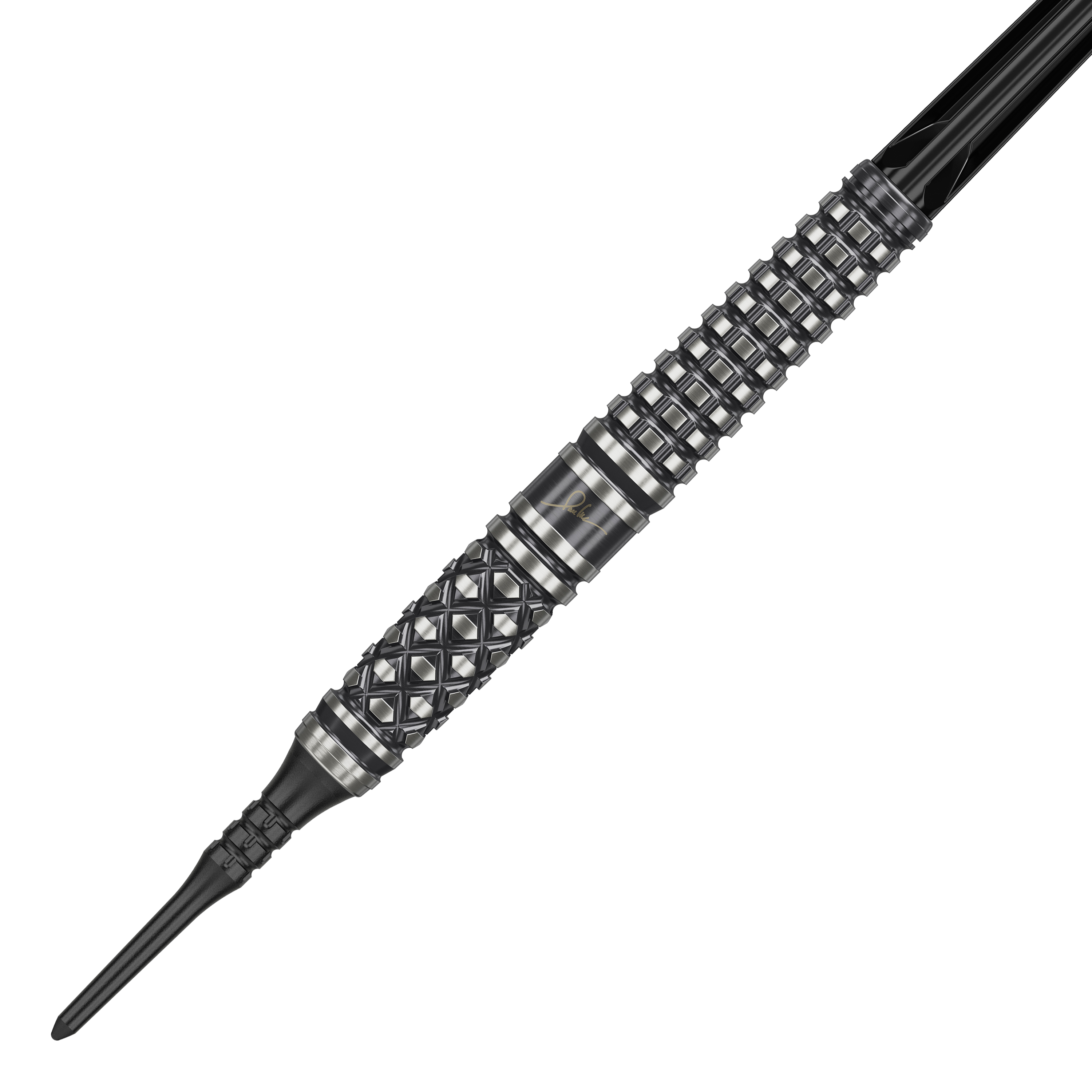 Dardos blandos Target Japan Paul Lim The Legend GEN8 - 19 g Das Bild zeigt einen "Target Japan Paul Lim The Legend GEN8 Softdart" mit 19g Gewicht. Der Dart hat ein markantes, schwarzes Design mit silbernen Rillen und einem strukturierten Griff.