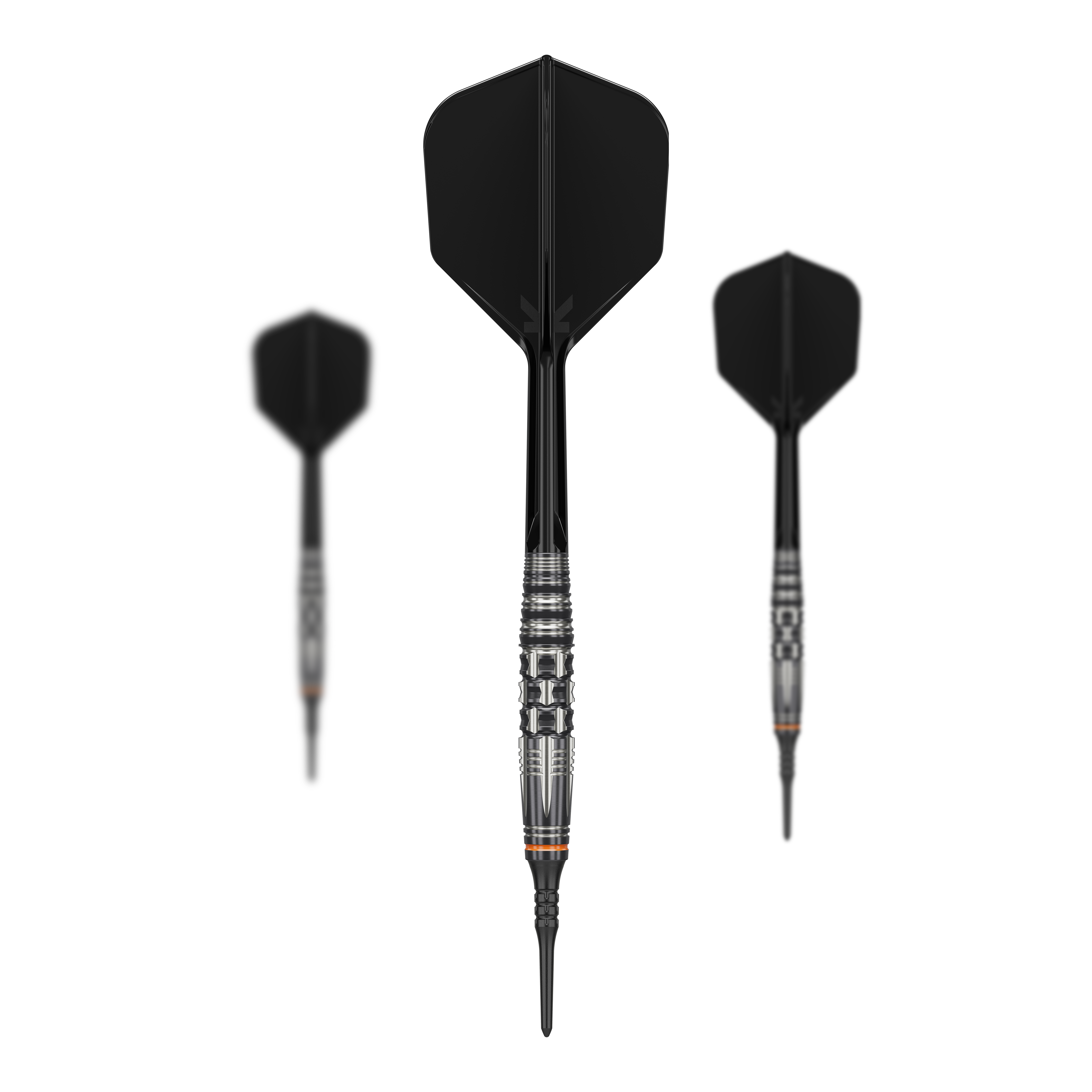 Dardos blandos Target Japan Black Marque Dancing Duck GEN 4 - 17 g Das Bild zeigt drei Softdarts des Modells "Target Japan Black Marque Dancing Duck GEN 4" mit einem Gewicht von 17g. Die Darts haben ein modernes, schwarzes Design mit silbernen Akzenten am Barrel.