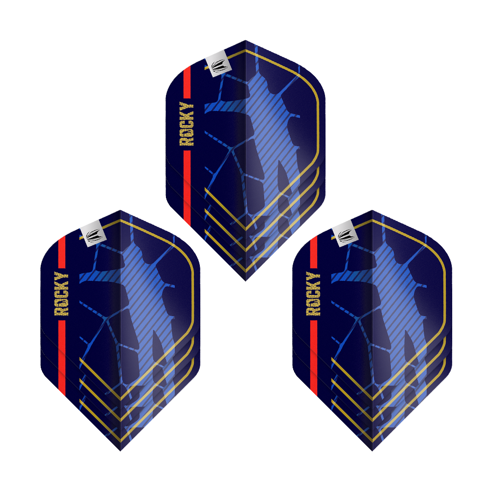 Target Pro Ultra Josh Rock GEN1 No2 Vuelos Estándar - 3 Juegos Das Bild zeigt drei Sätze der Target Pro Ultra Josh Rock GEN1 No2 Standard Flights. Die Flights sind dunkelblau mit goldenen, roten und blauen Akzenten sowie dem Schriftzug "ROCKY".