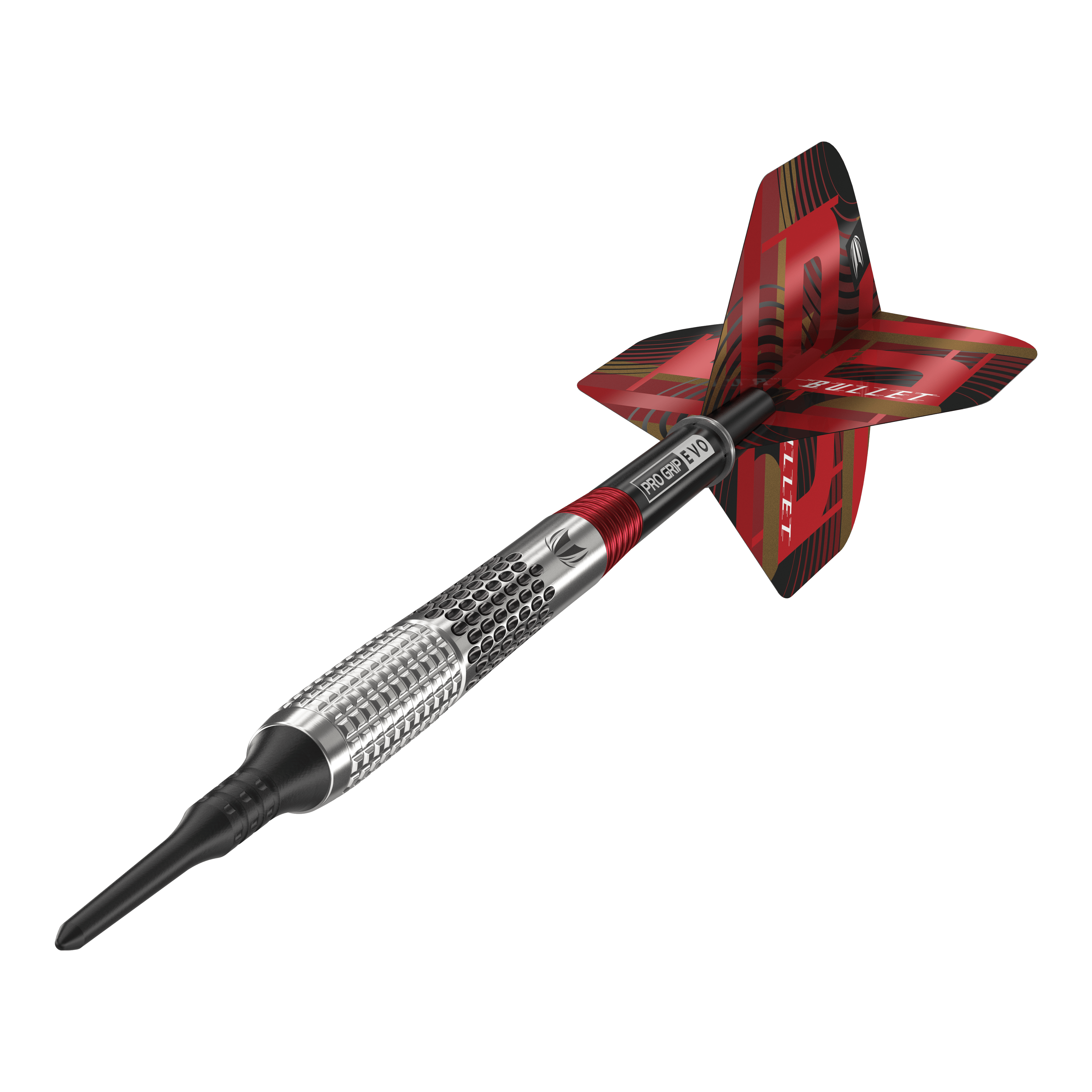 Dardos blandos Target Stephen Bunting GEN5 - 18 g Das Bild zeigt einen Target Stephen Bunting GEN5 Softdart mit einem Gewicht von 18g. Der Dartpfeil hat ein silbernes Griffstück mit roten und schwarzen Akzenten sowie einer auffälligen roten Flights.