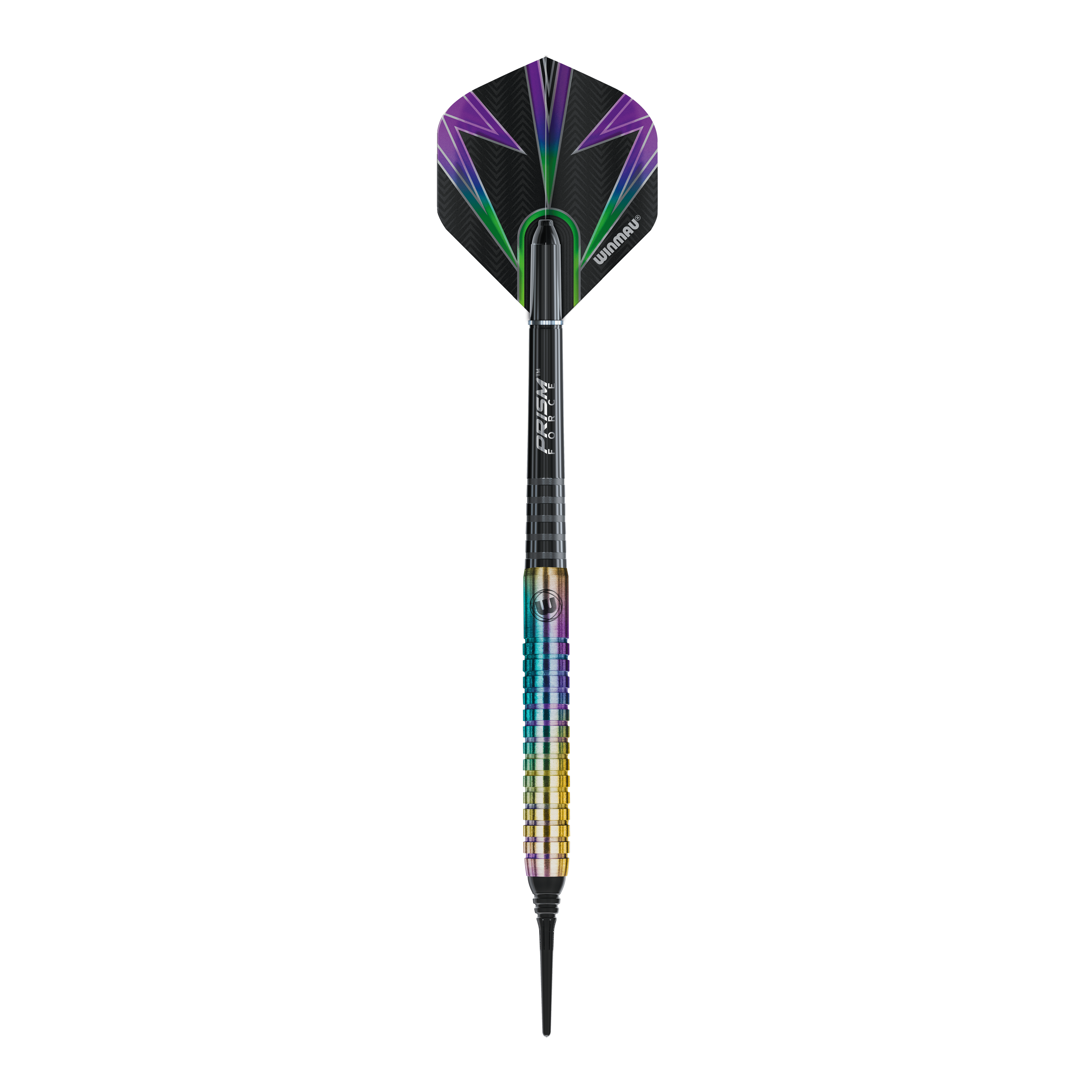 Dardos Winmau Foxfire Urban Soft - 20 g Das Bild zeigt den Winmau Foxfire Urban Softdart mit einem Gewicht von 20g. Der Dartpfeil hat ein farbenfrohes Design mit schwarzen, lila und grünen Akzenten.