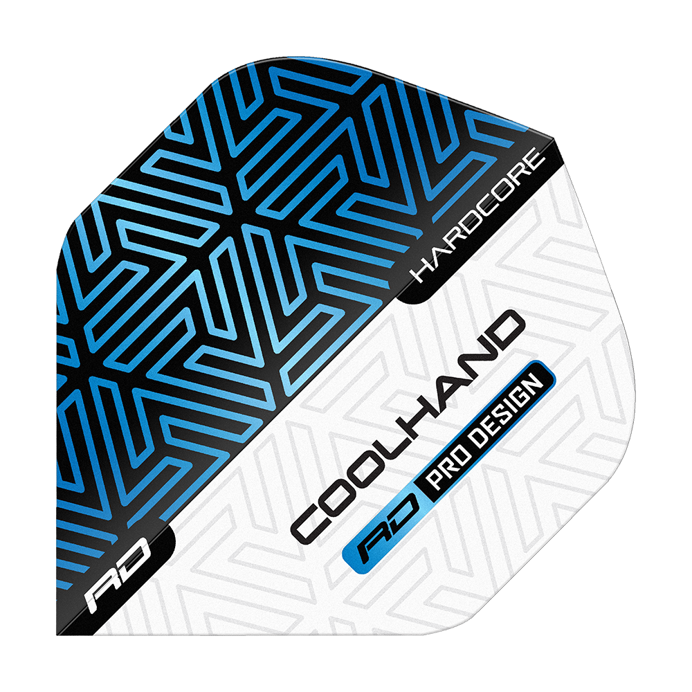 Vuelos estándar premium azul y blanco de Red Dragon Hardcore Luke Humphries Das Bild zeigt ein Dartflight in Blau, Schwarz und Weiß mit geometrischem Muster. Auf dem Flight stehen die Wörter „HARDCORE“, „COOLHAND“ und „RD PRO DESIGN“.
