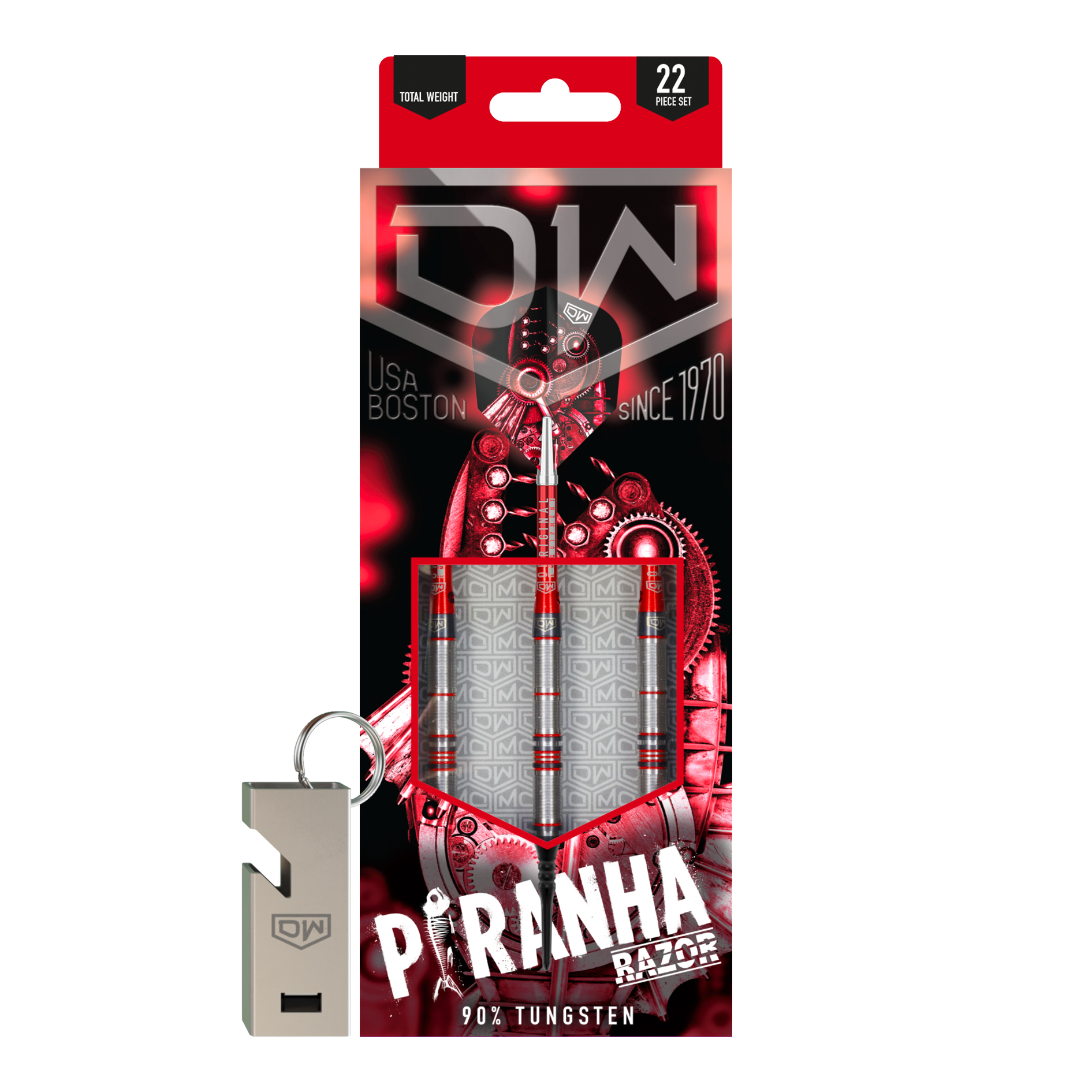 Dardos blandos DW Piranha Razor 02 Das Bild zeigt die Verpackung der DW Piranha Razor 02 Softdarts. Die Verpackung ist überwiegend schwarz und rot gestaltet und enthält drei Darts sowie ein Zubehörteil.