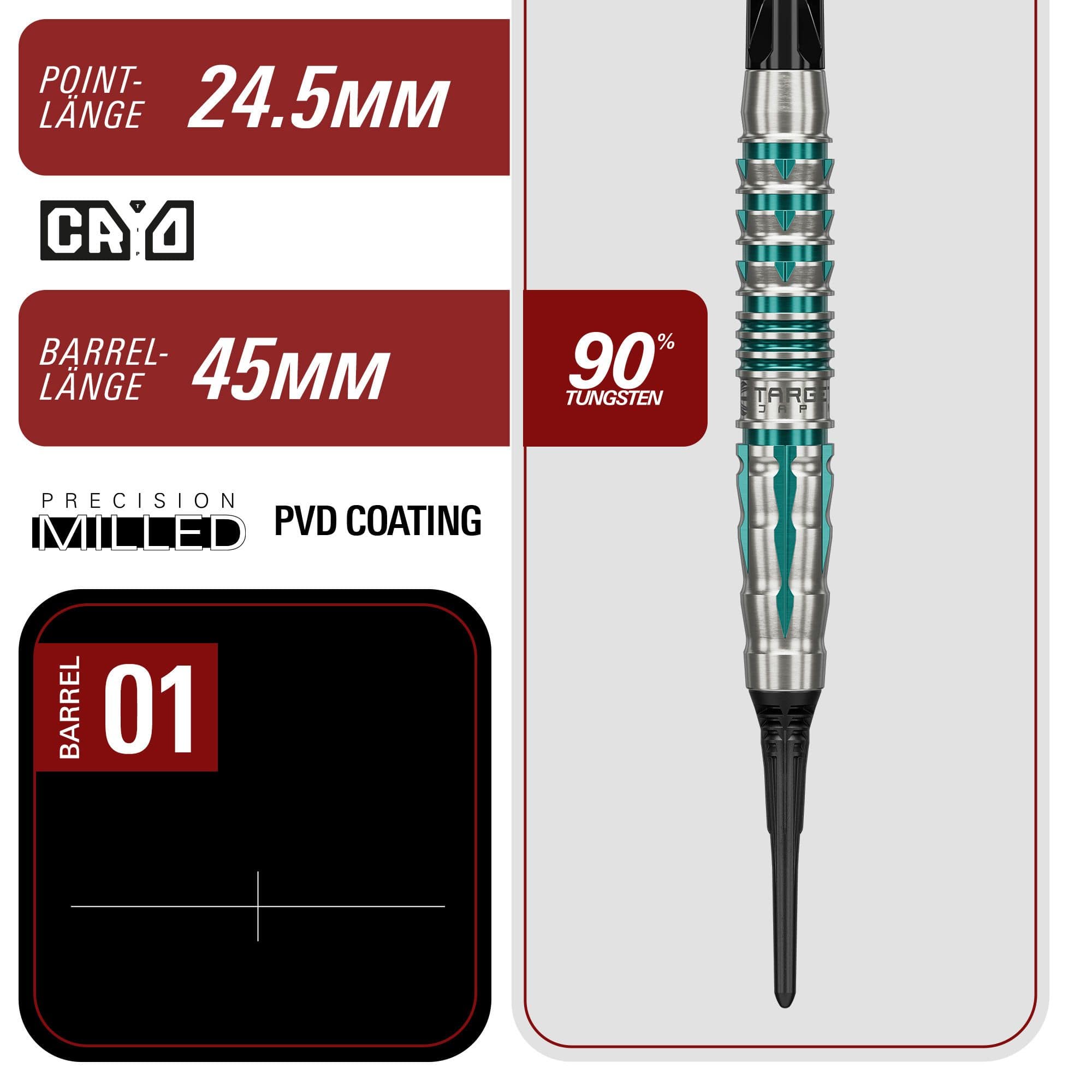 Dardos blandos Target Black Marque Pierce - 18,5 g Das Bild zeigt die Target Black Marque Pierce Softdarts mit 18,5g Gewicht. Schwarze Darts für präzises und komfortables Spielen.