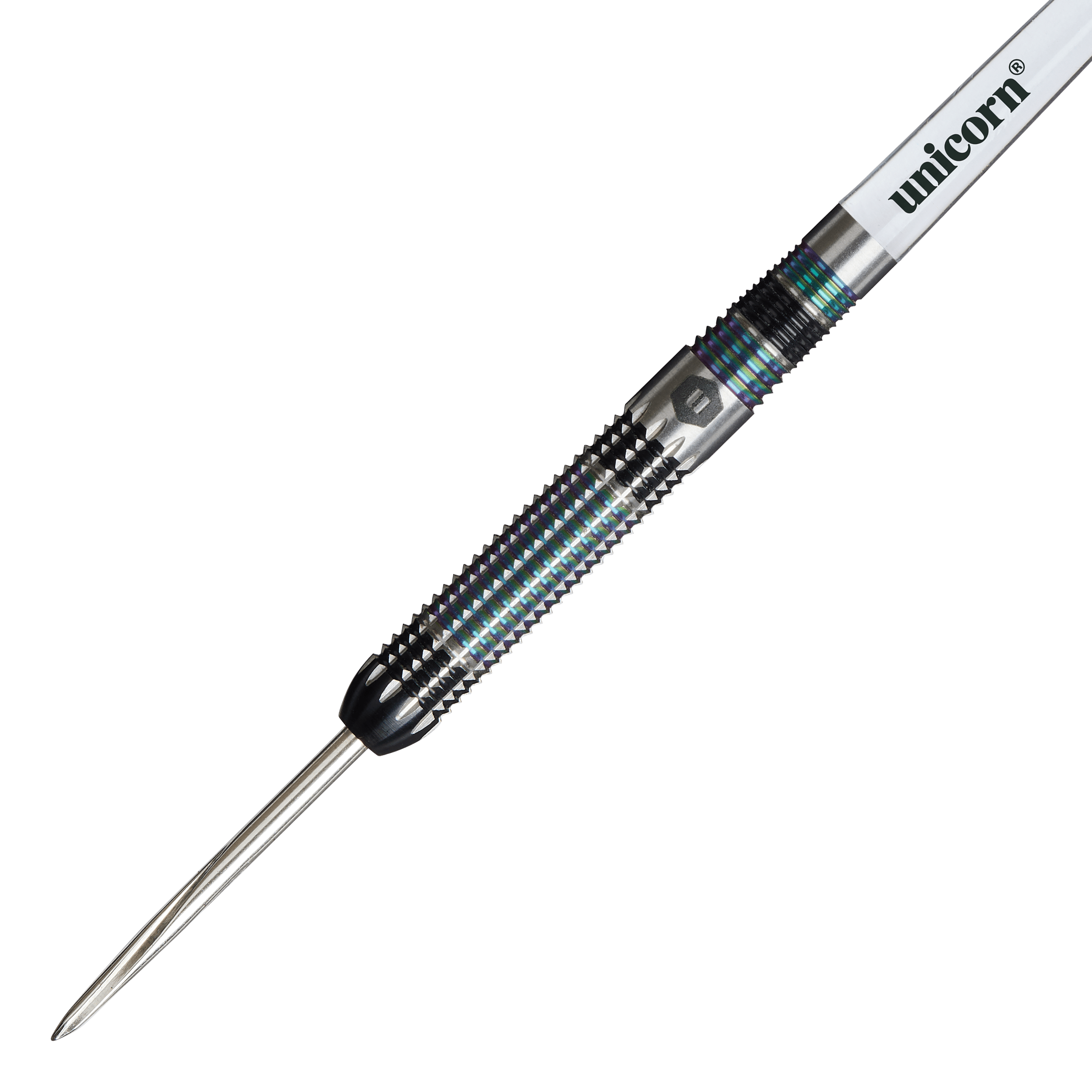 Dardos de acero Unicorn Iris Das Bild zeigt einen Unicorn Iris Steeldart mit einer spitzen Metallspitze und einem geriffelten Griff. Auf dem Schaft steht der Markenname "unicorn".