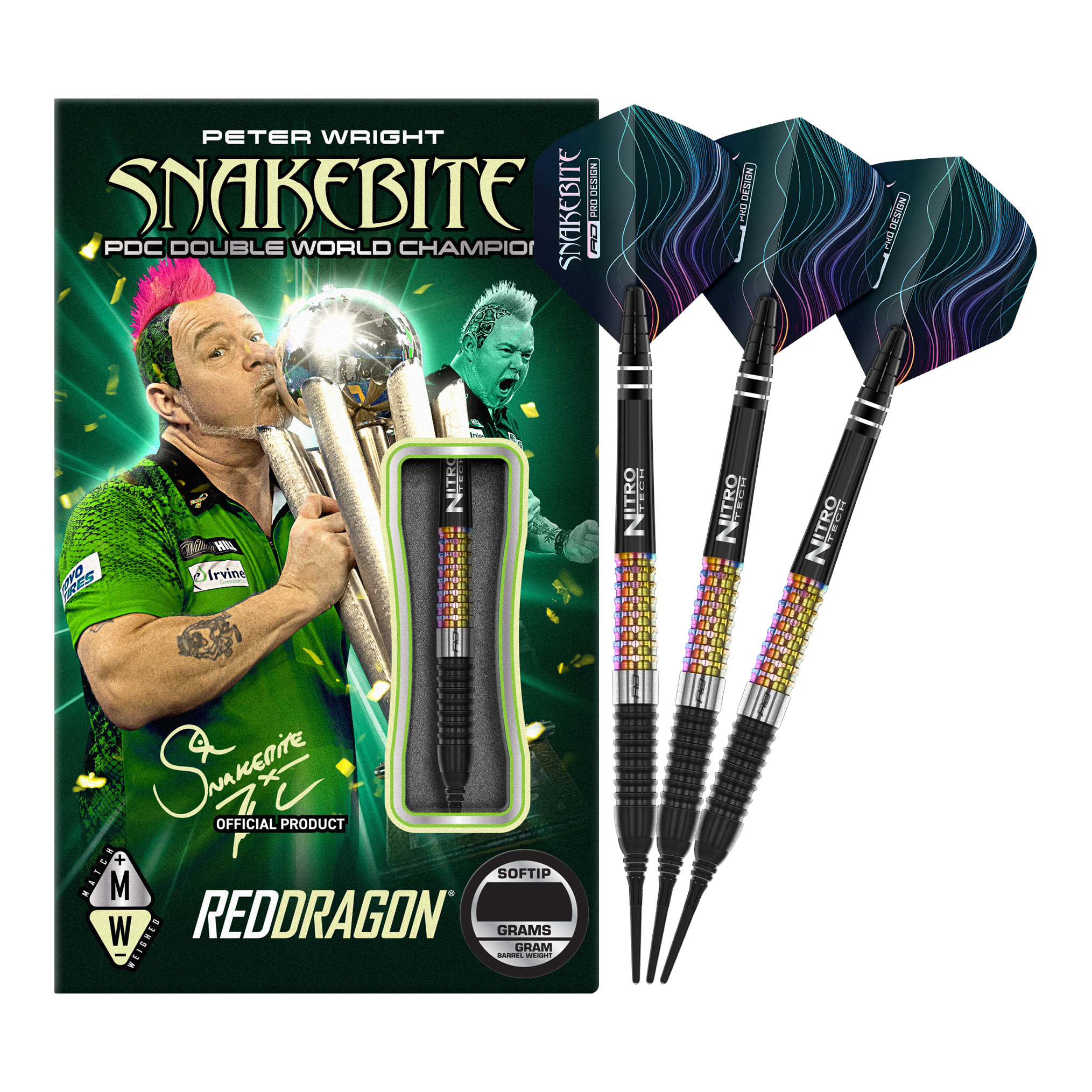 Dardos blandos Red Dragon Peter Wright Corra - 18 g Das Bild zeigt das Produkt "Red Dragon Peter Wright Corra Softdarts - 18g" mit einer farbenfrohen Verpackung. Drei Softdarts mit buntem Griff und schwarzen Spitzen sind daneben abgebildet.