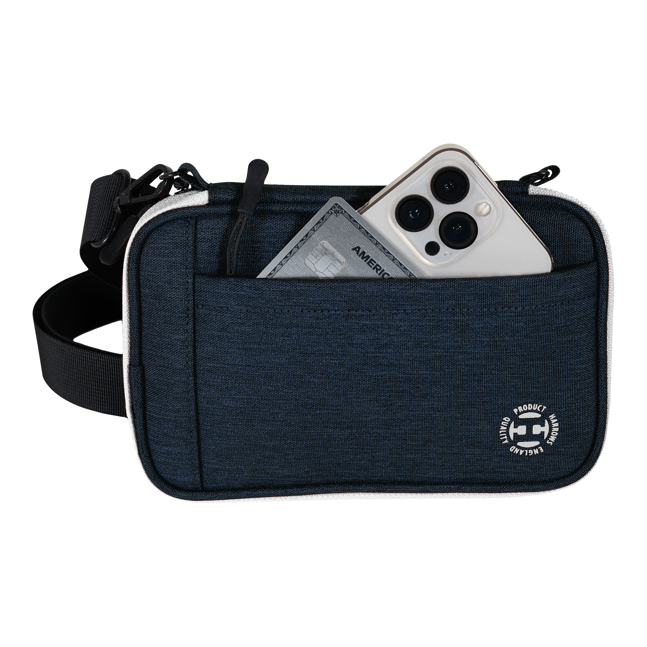 Cartera para dardos Harrows Smart Case XL Eine blaue Tasche mit Vorderfach enthält ein Smartphone und eine Kreditkarte. Am unteren Rand der Tasche befindet sich ein rundes weißes Logo.