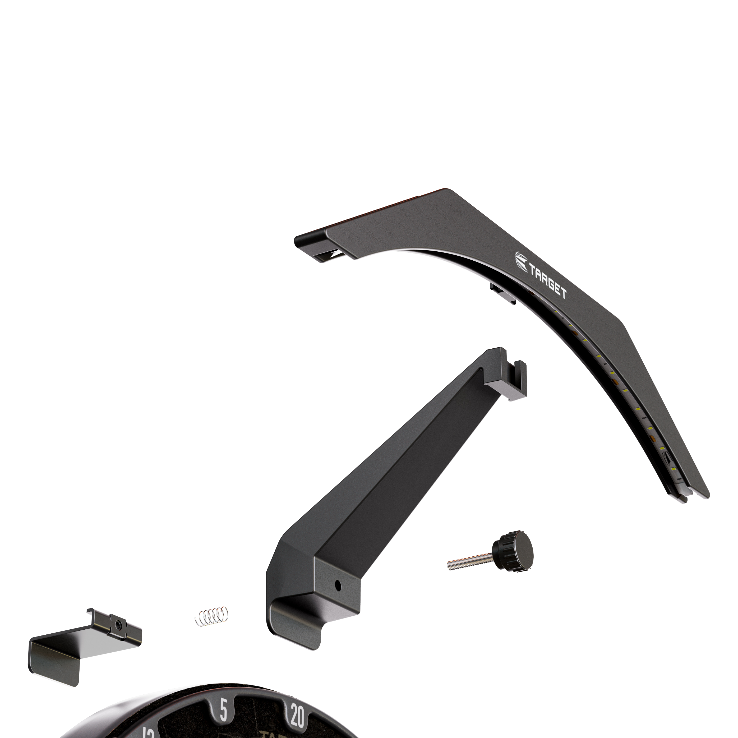 Iluminación para diana Target ARC V2 Das Bild zeigt die einzelnen Teile des Produkts „Target ARC V2 Dartboard Beleuchtung“. Die Bauteile sind übersichtlich dargestellt und werden später zu einer Beleuchtung für ein Dartboard zusammengesetzt.