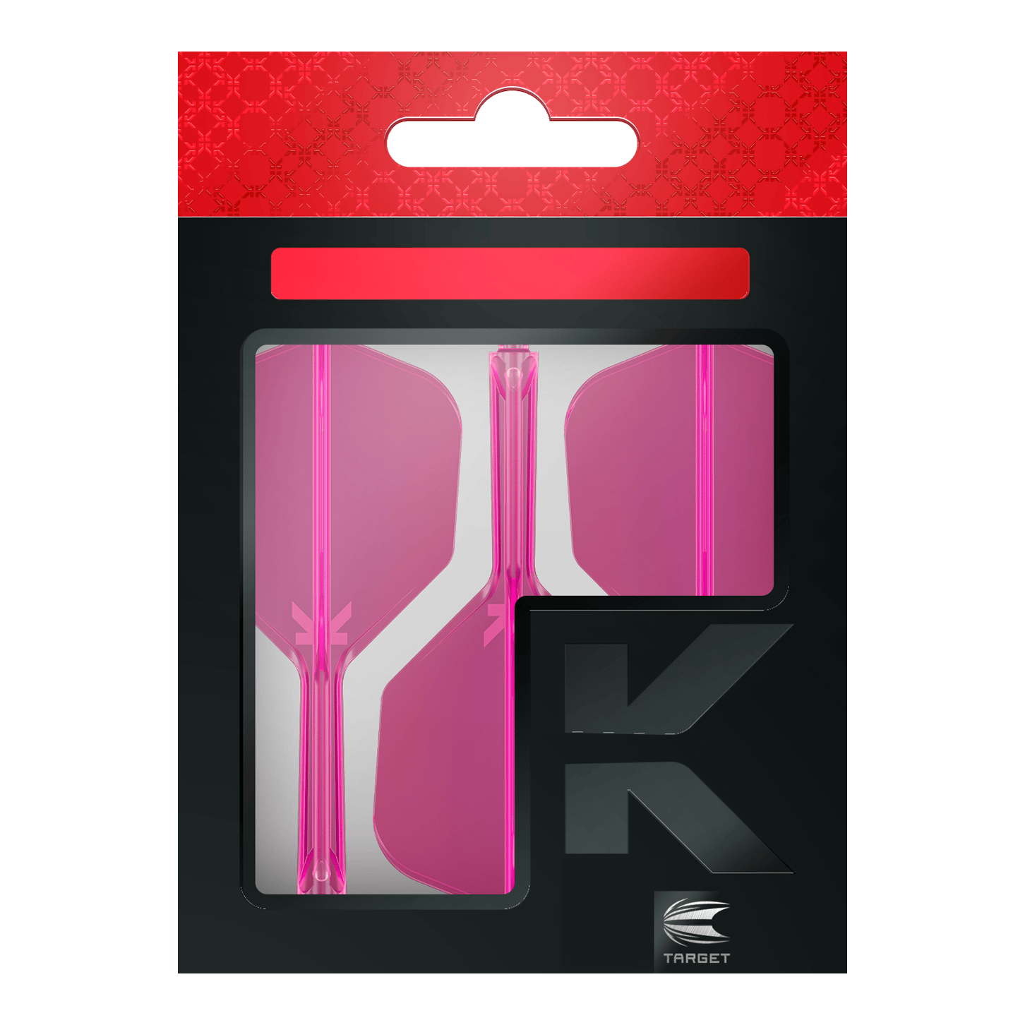 Sistema de vuelo Target K-Flex No6 - Rosa neón Auf dem Bild ist eine Verpackung mit drei pinken Dartflights zu sehen. Die Verpackung ist schwarz mit einem roten oberen Rand und dem Markenlogo "Target" unten rechts.
