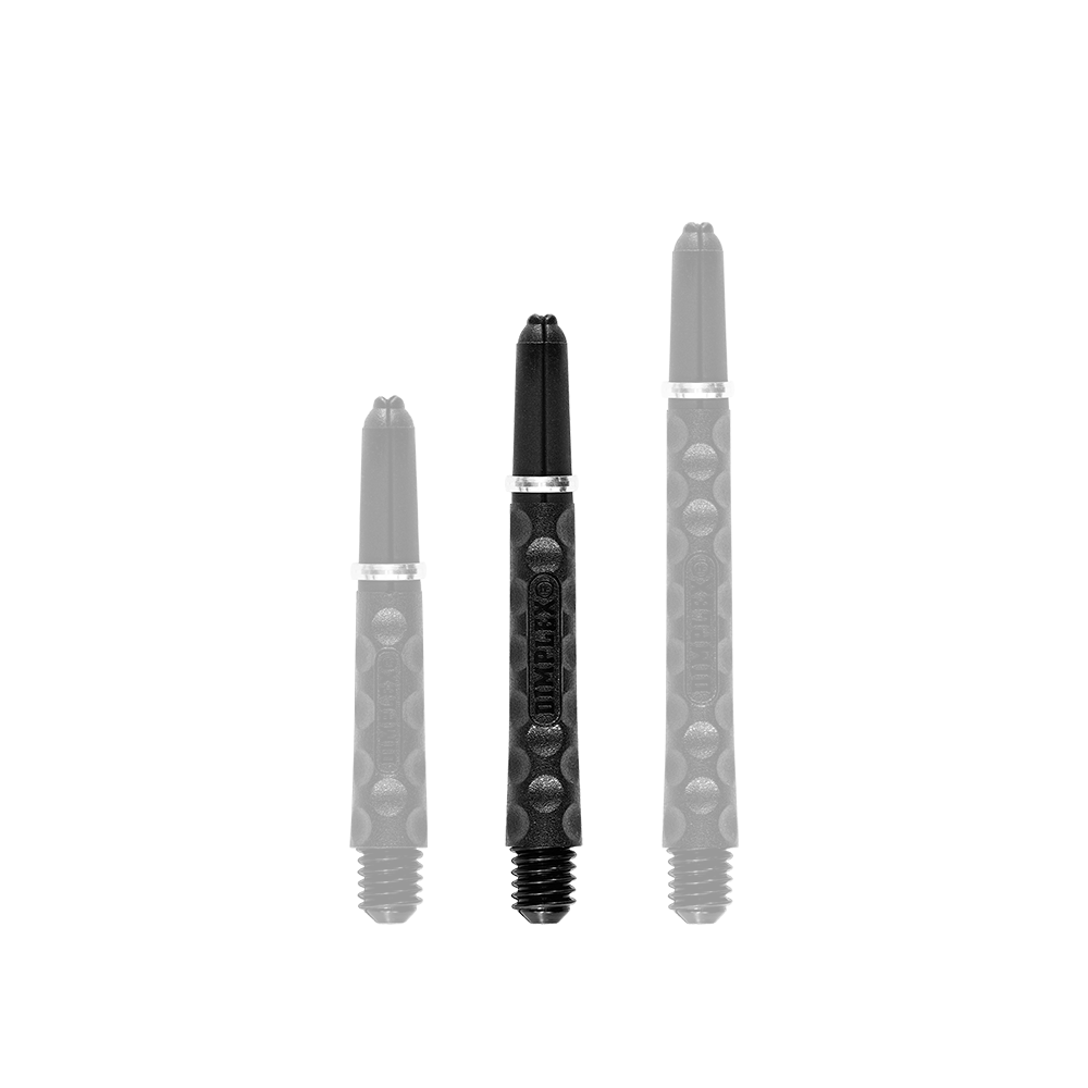 Harrows Dimplex Shafts - Schwarz Auf dem Bild sind drei schwarze Dartschäfte in unterschiedlichen Längen zu sehen. Sie haben eine strukturierte Oberfläche mit runden Vertiefungen und einen silbernen Ring.