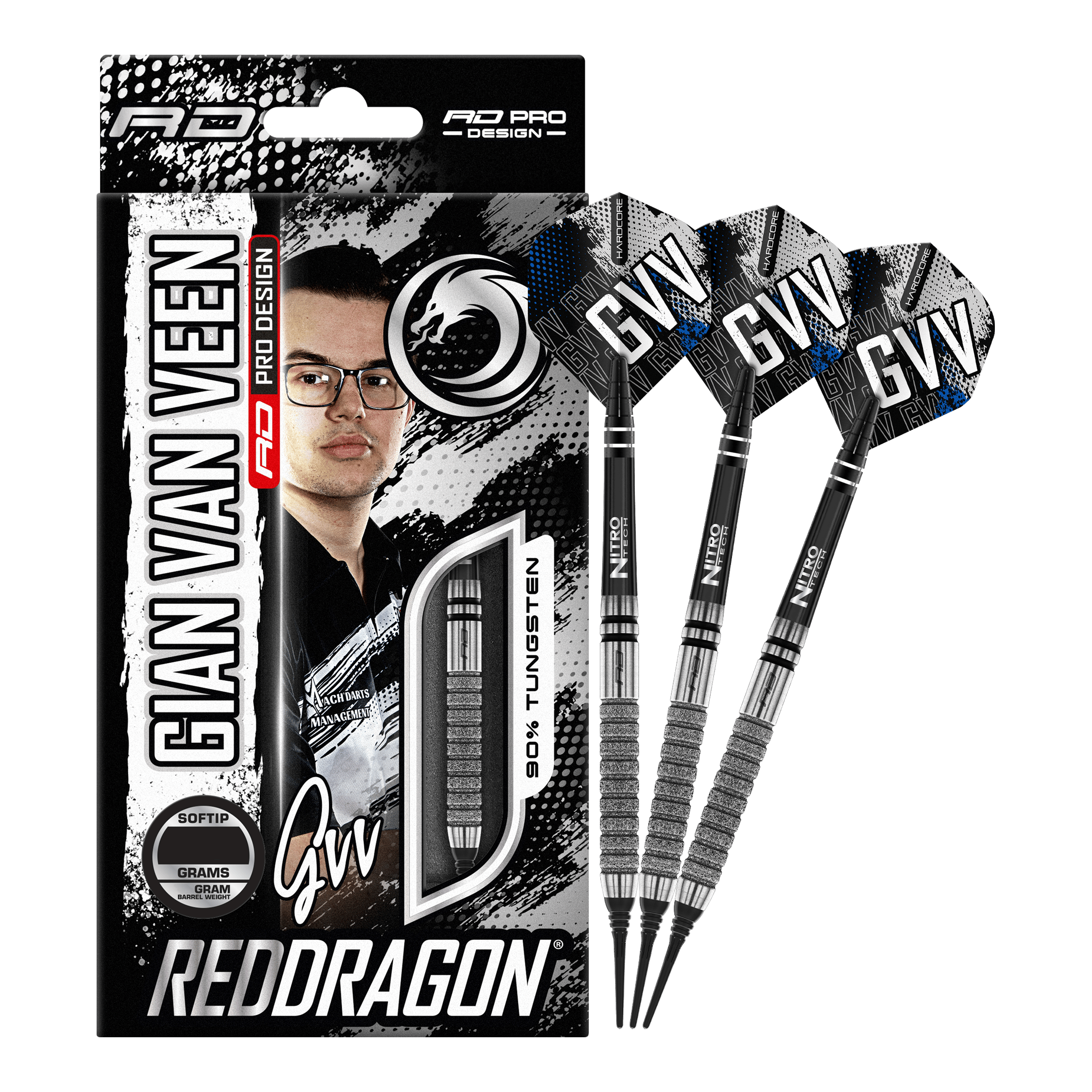 Dardos blandos Red Dragon Gian Van Veen Tour Edition - 20 g Das Bild zeigt die "Red Dragon Gian Van Veen Tour Edition Softdarts - 20g" mit Verpackung und drei Darts. Auf der Verpackung ist ein Porträt von Gian Van Veen sowie die Produktinformationen zu sehen.