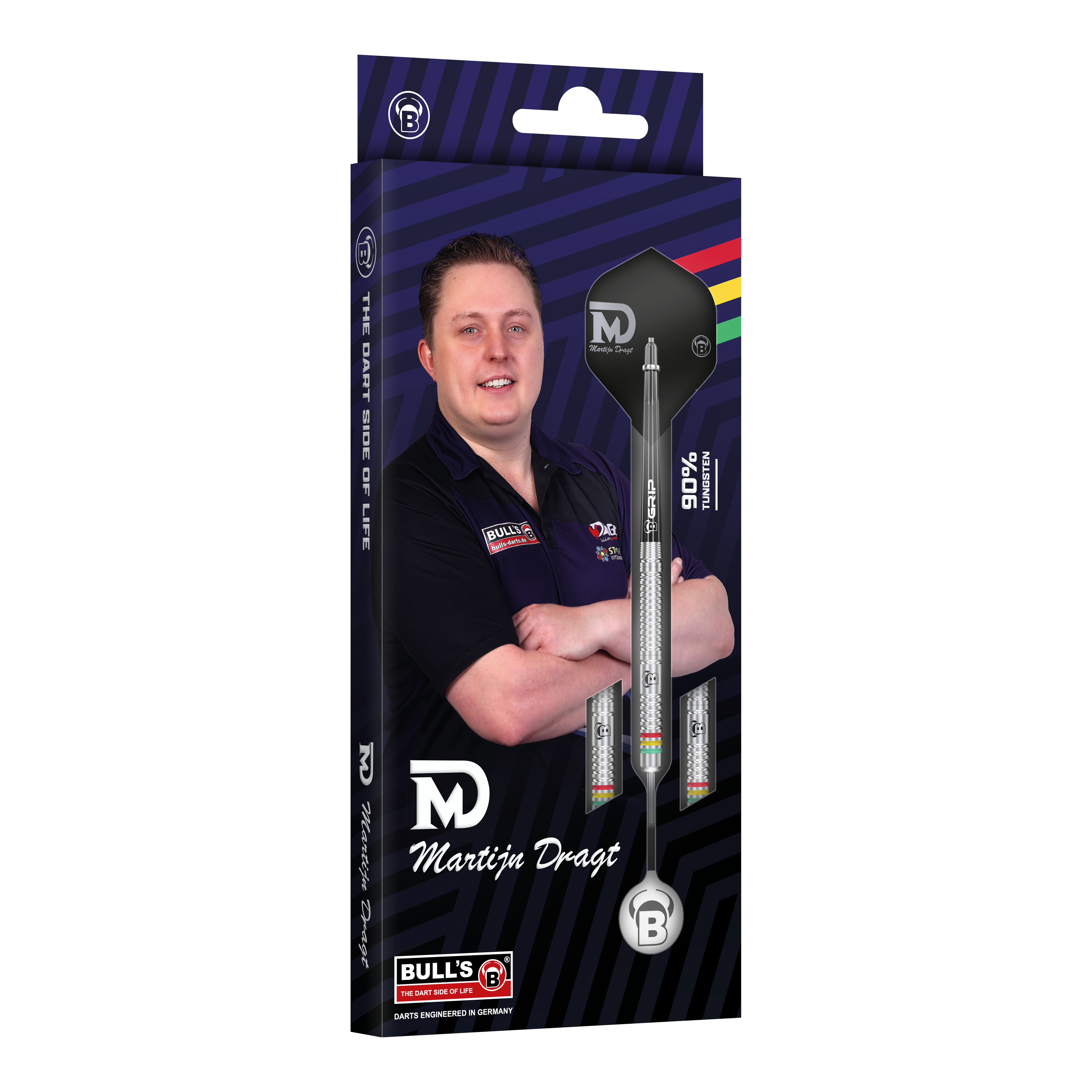 Dardos de acero Bulls Martijn Dragt - 24 g Die Abbildung zeigt die Verpackung der "Bulls Martijn Dragt Steeldarts - 24g". Auf der Schachtel ist ein Bild von Martijn Dragt sowie die abgebildeten Steeldarts zu sehen.