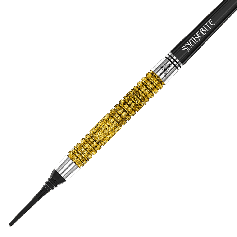 Dardos blandos Red Dragon Peter Wright, doble campeón mundial SE Gold Plus - 20 g Das Bild zeigt einen goldfarbenen Softdartpfeil mit schwarzer Spitze und dem Schriftzug "Snakebite" auf dem Schaft. Es handelt sich um das Modell "Red Dragon Peter Wright Double World Champion SE Gold Plus Softdarts - 20g".