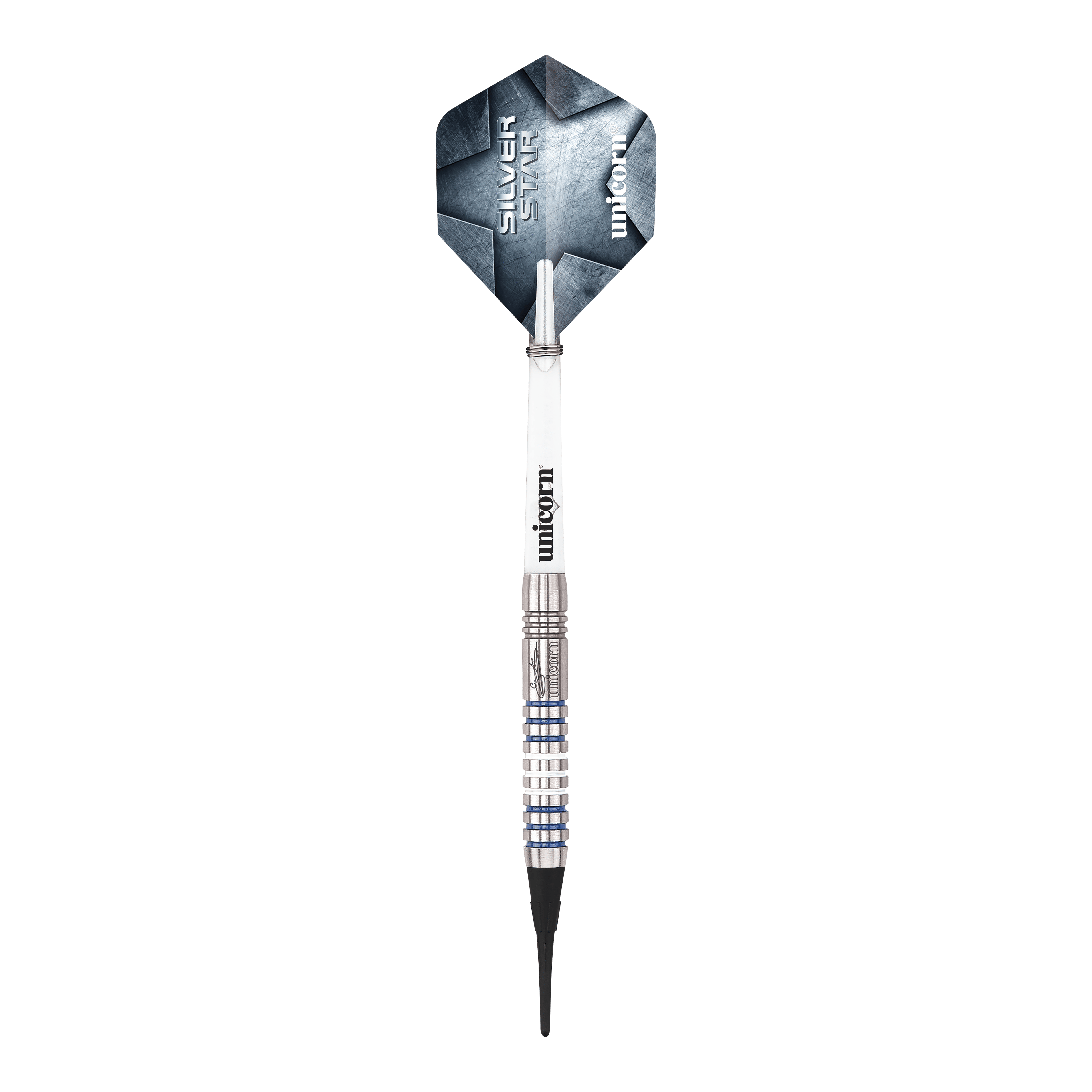Hier sind die Unicorn Silver Star Var.3 Gary Anderson Softdarts zu sehen. Die silbernen Dartpfeile sind detailliert abgebildet.