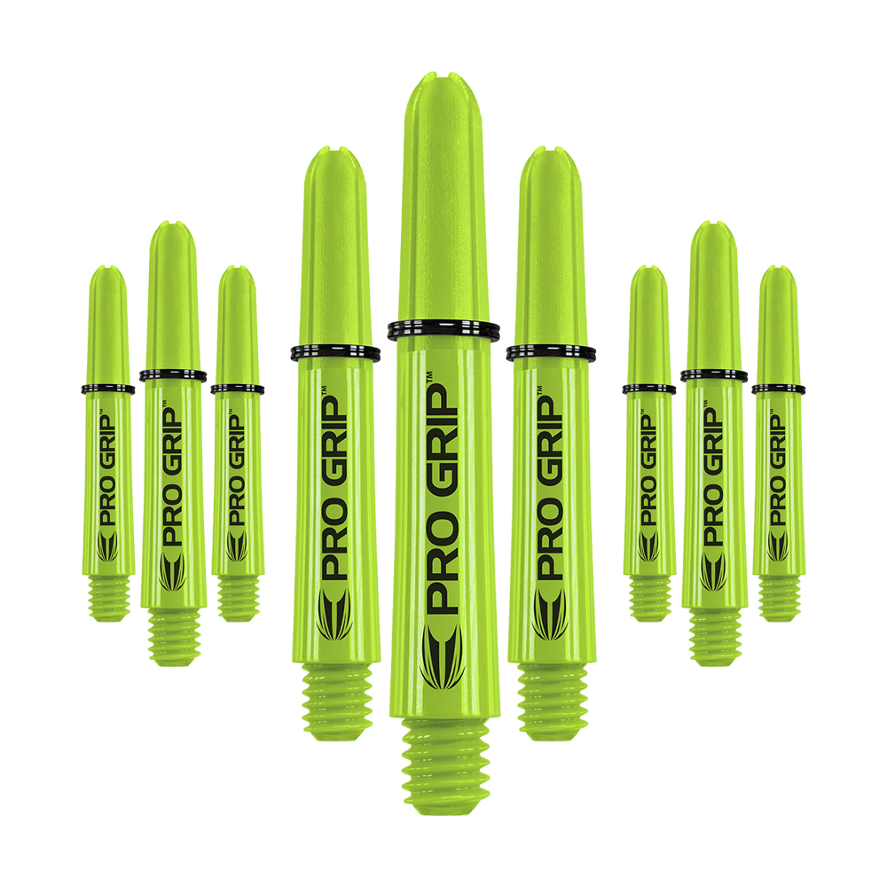 Varillas Target Pro Grip - 3 juegos - Verde lima Auf dem Bild sind mehrere limegrüne Pro Grip Dartschäfte zu sehen. Sie sind in drei Sets angeordnet und tragen die Aufschrift "PRO GRIP".