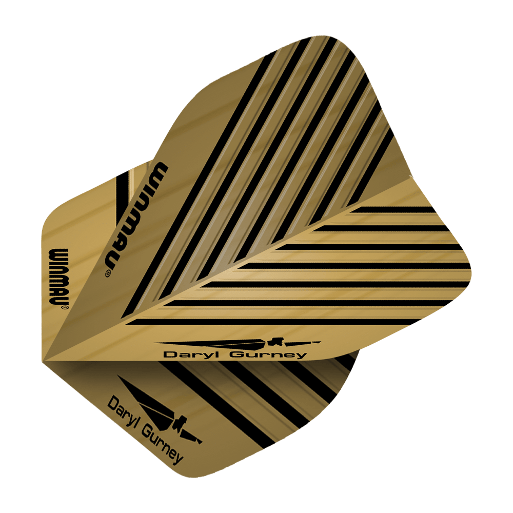6800-114_Winmau_Daryl_Gurney_Embossed_Flights_2 Das Bild zeigt die goldfarbenen Winmau Daryl Gurney Embossed Flights mit schwarzen Linienmustern. Auf den Flights stehen die Namen "Winmau" und "Daryl Gurney" zusammen mit einem Pfeil-Symbol.