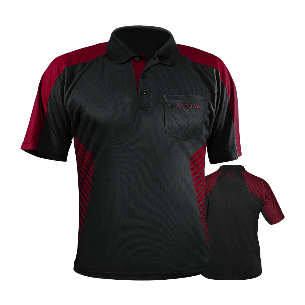 HRS-17737_Harrows_Vivid_Dartshirt_Black_DeepRed_0mR6hYbf98I71U Das Bild zeigt ein Harrows Vivid Dartshirt in Schwarz und Dunkelrot. Das Shirt hat kurze Ärmel, einen Kragen und das Harrows-Logo auf der Brusttasche.