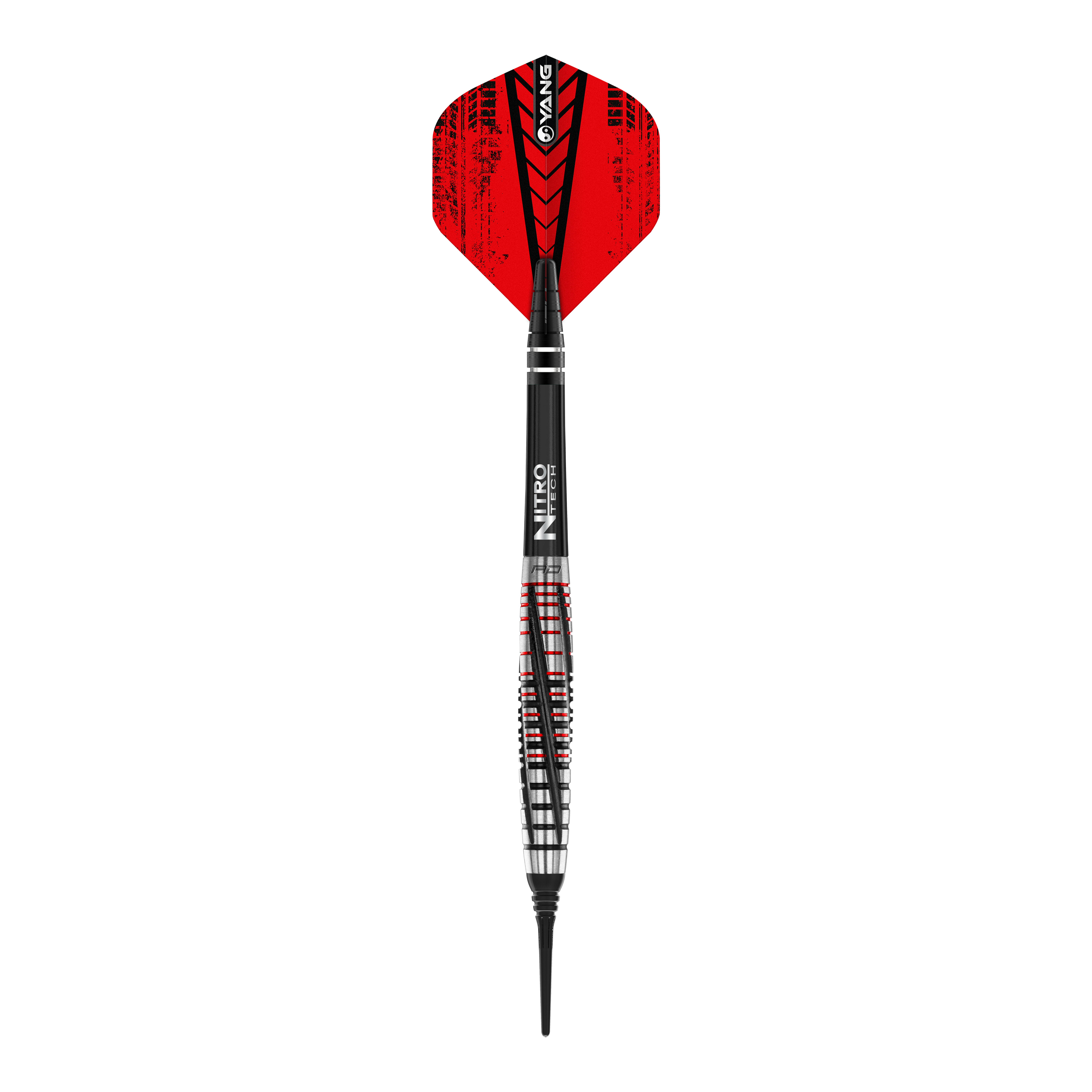 Dardos blandos Red Dragon Rifle - 20 g Das Bild zeigt einen Red Dragon Rifle Softdart mit einem Gewicht von 20 Gramm. Der Dartpfeil hat rote Flights und ein schwarz-silbernes Barrel mit roten Akzenten.