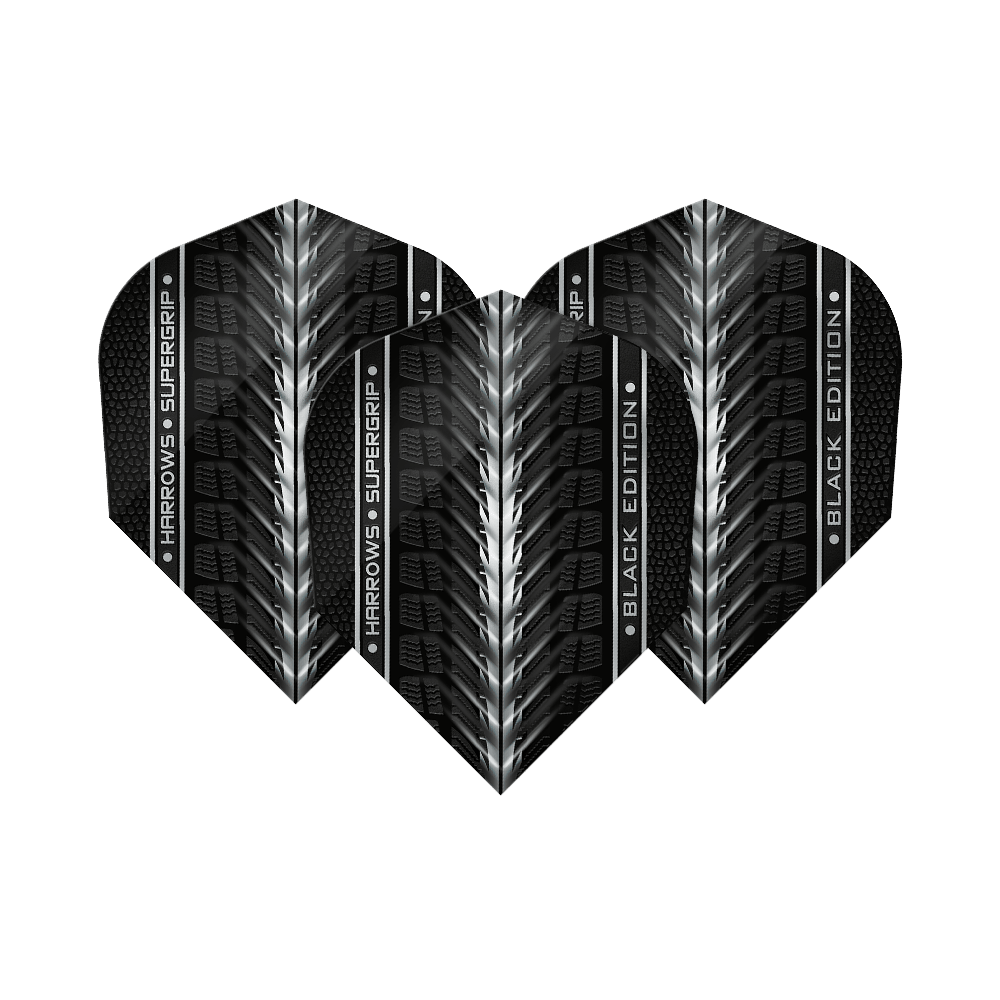 Plumas Harrows Supergrip Black Edition No6 Das Bild zeigt die "Harrows Supergrip Black-Edition No6 Flights" in einem schwarzen Design mit silbernen Akzenten. Die Flights haben eine strukturierte Oberfläche und den Schriftzug "Harrows Supergrip Black Edition".