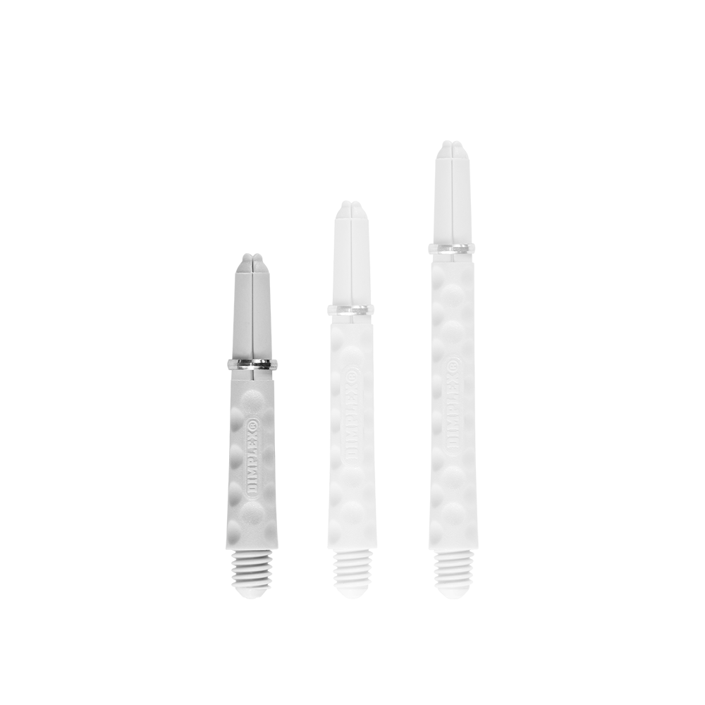 Cañas Harrows Dimplex - Blanco Das Bild zeigt drei weiße Dartschäfte in unterschiedlichen Längen. Sie haben eine strukturierte Oberfläche und einen Schraubgewinde am unteren Ende.
