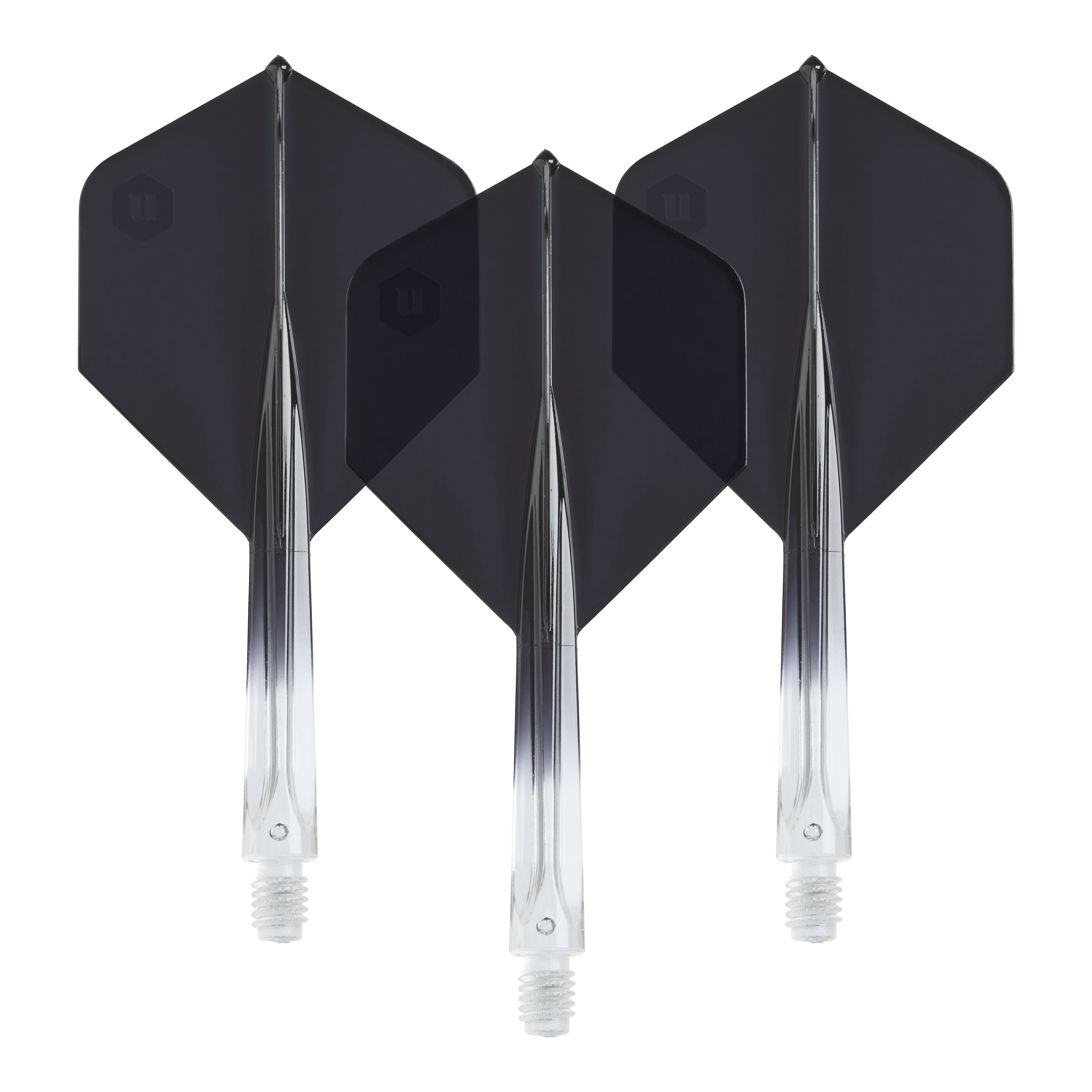 Plumas estándar Unicorn Forge Two Tone No2 - Negro transparente Die Unicorn Forge Two Tone No2 Standard Flights in Schwarz sind hier abgebildet. Das Produkt besteht aus klaren und schwarzen Dartflights.