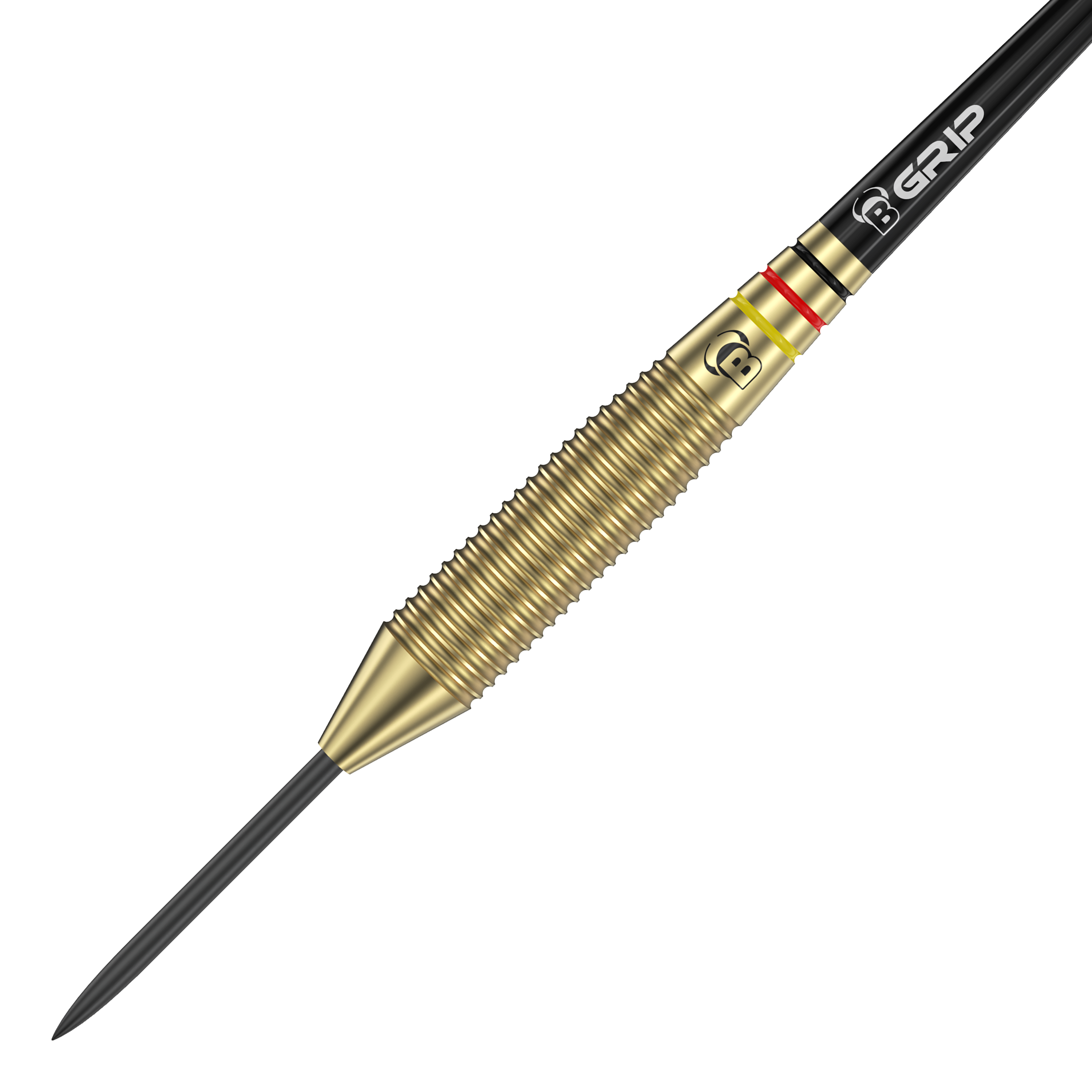 Auf dem Bild ist ein Bulls Martin Schindler The Wall Brass Steeldart zu sehen. Der Dart besitzt einen messingfarbenen, geriffelten Griffbereich und eine schwarze Spitze.